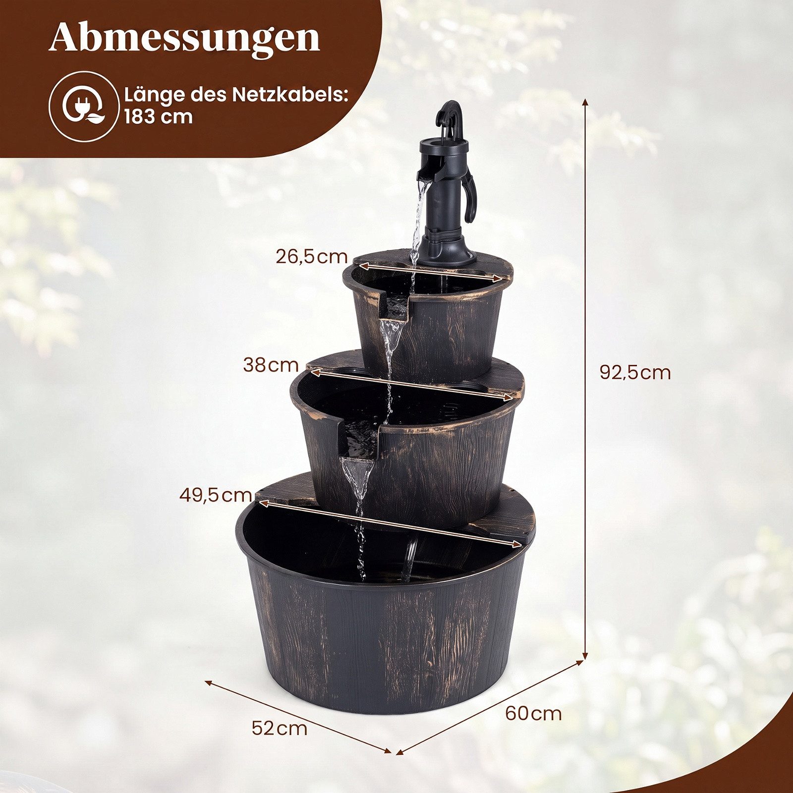 COSTWAY Wasserspiel 3-stufiger Gartenbrunnen mit Pumpe, Springbrunnen aus PP – Bild 5 von 5