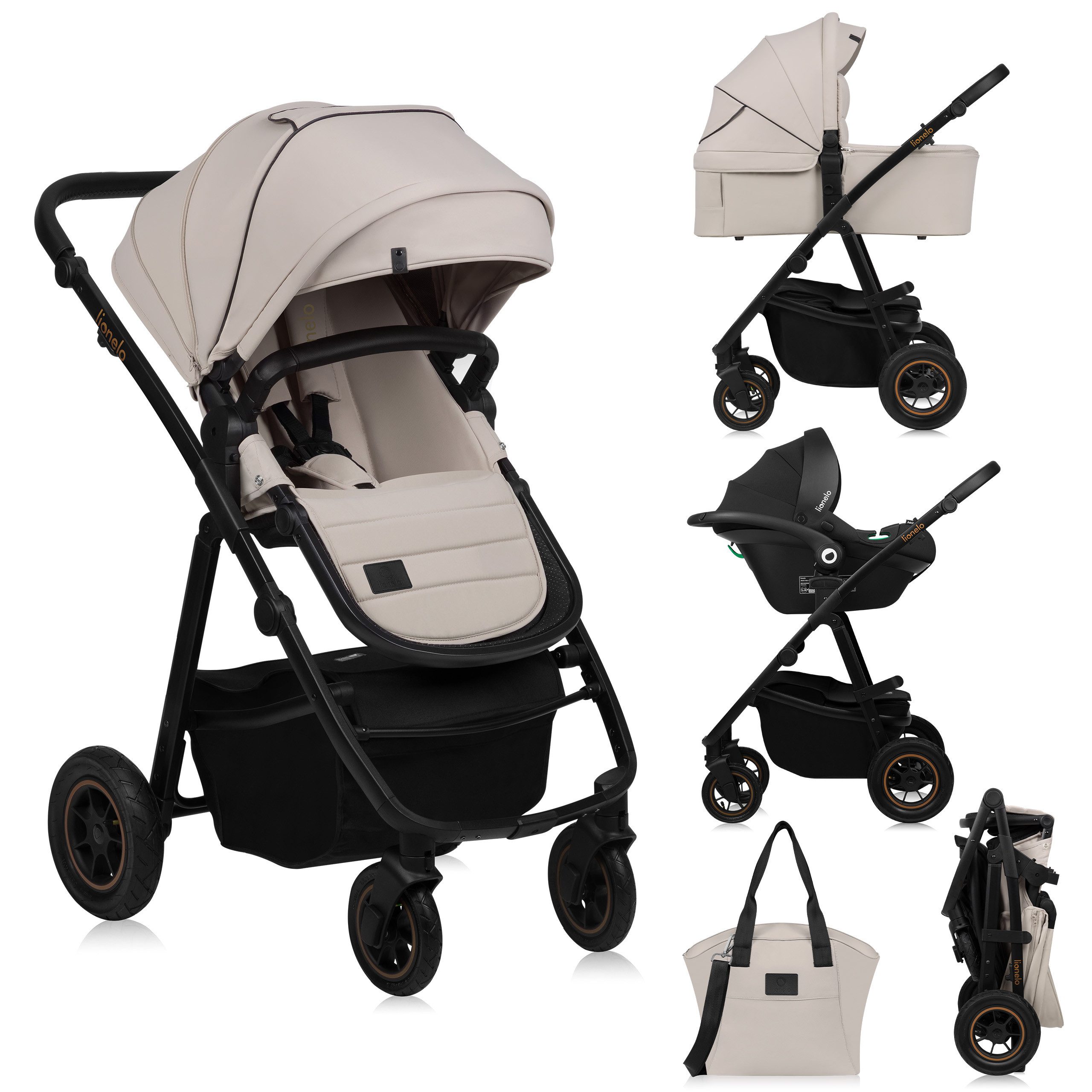 lionelo Kombi-Kinderwagen AMBER PLUS 3IN1, (Set 2in1 oder 3in1), 3-in-1-System / Babywanne & Buggy / Von Geburt bis 4 Jahre