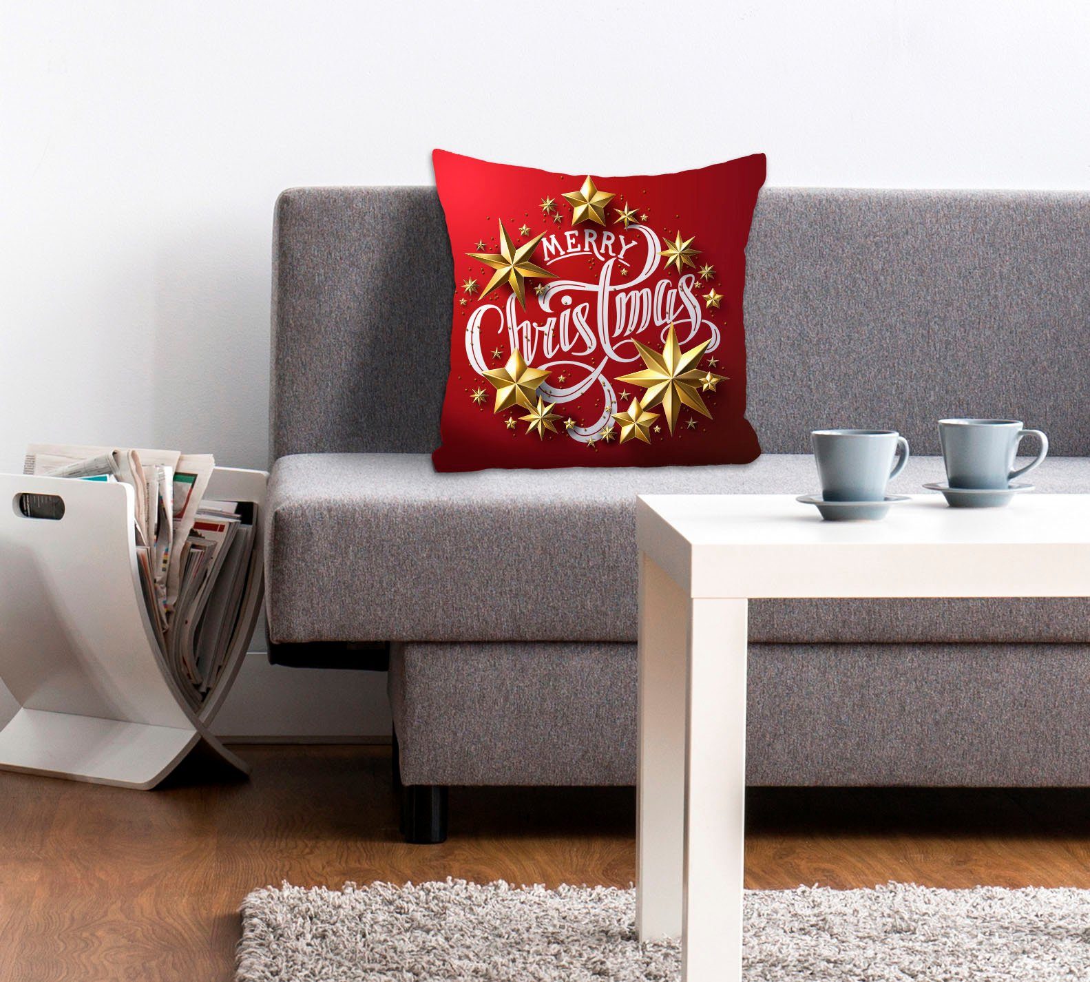 queence Dekokissen Stars, Kissenhülle,Merry Christmas,Rot,Weihnachten,Festlich,Spruch