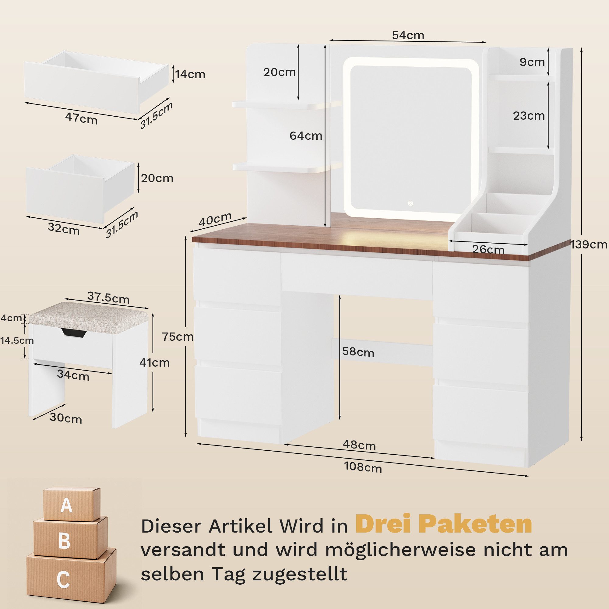 HOMALL Schminktisch LED-Spiegel, 7 Schubladen, 110 cm breit, Aufbewahrungshocker optional (Schminktisch mit dimmbarem LED-Spiegel (3 Farben), 7 Schubladen + 8 F – Bild 2 von 5