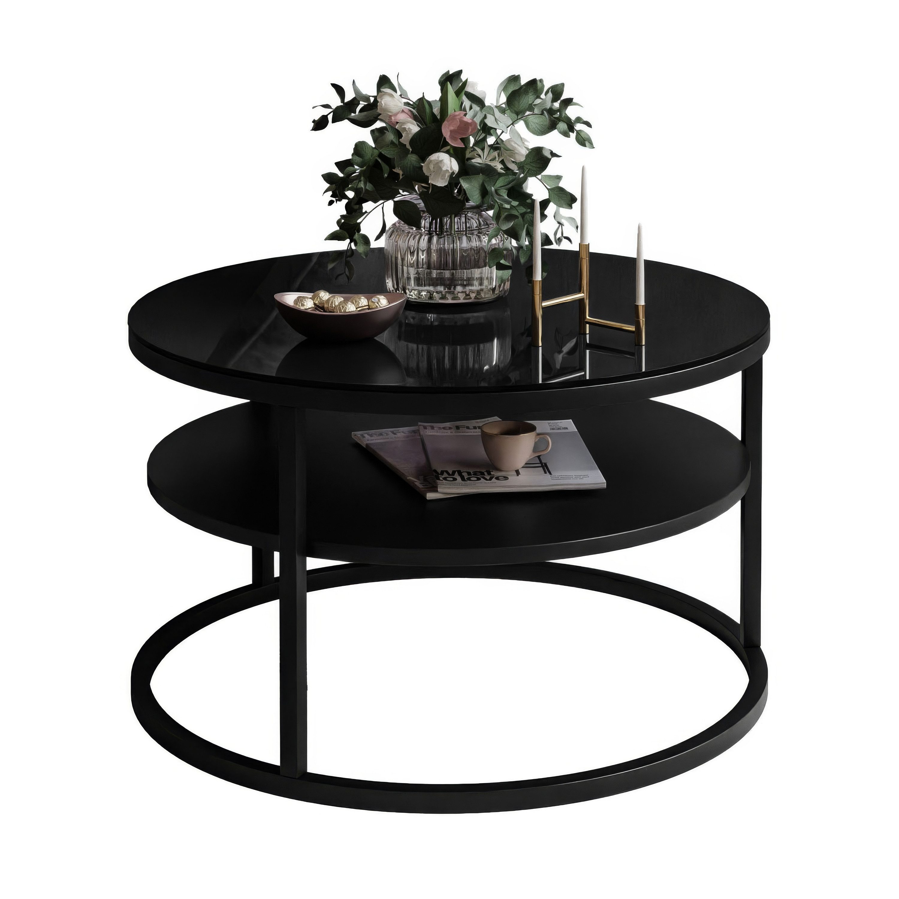 Lookway Couchtisch CIRI GLASS 60 mit schwarzem Gestell und Ablage (1 Tische), Durchmesser: ⌀ 60 cm, Höhe: 41 cm