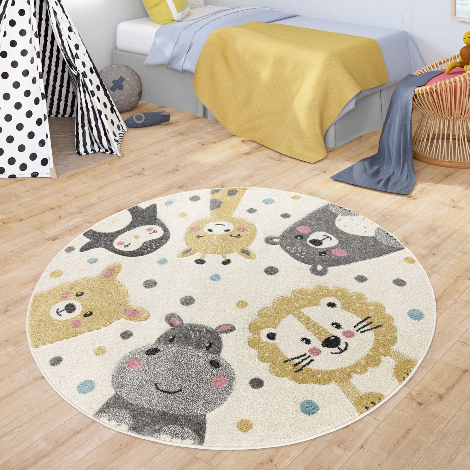Kinderteppich Waschbarer Runder Kinderzimmer Teppich Kinderteppich Tiere, TT Home, rund, Höhe: 12 mm