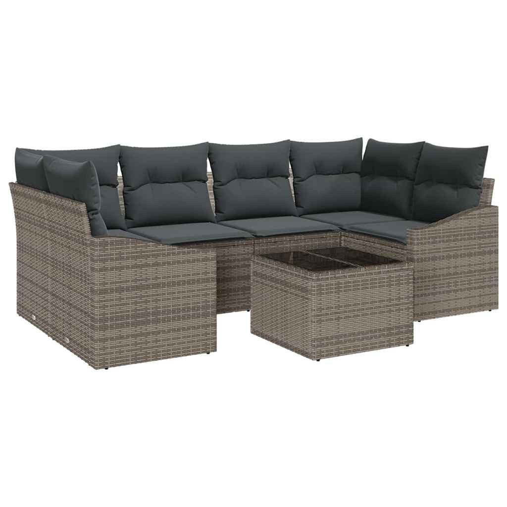 vidaXL Loungesofa Sofa Set mit Kissen mit Kissen 7 pcs Grau Poly Rattan, 7 Teile