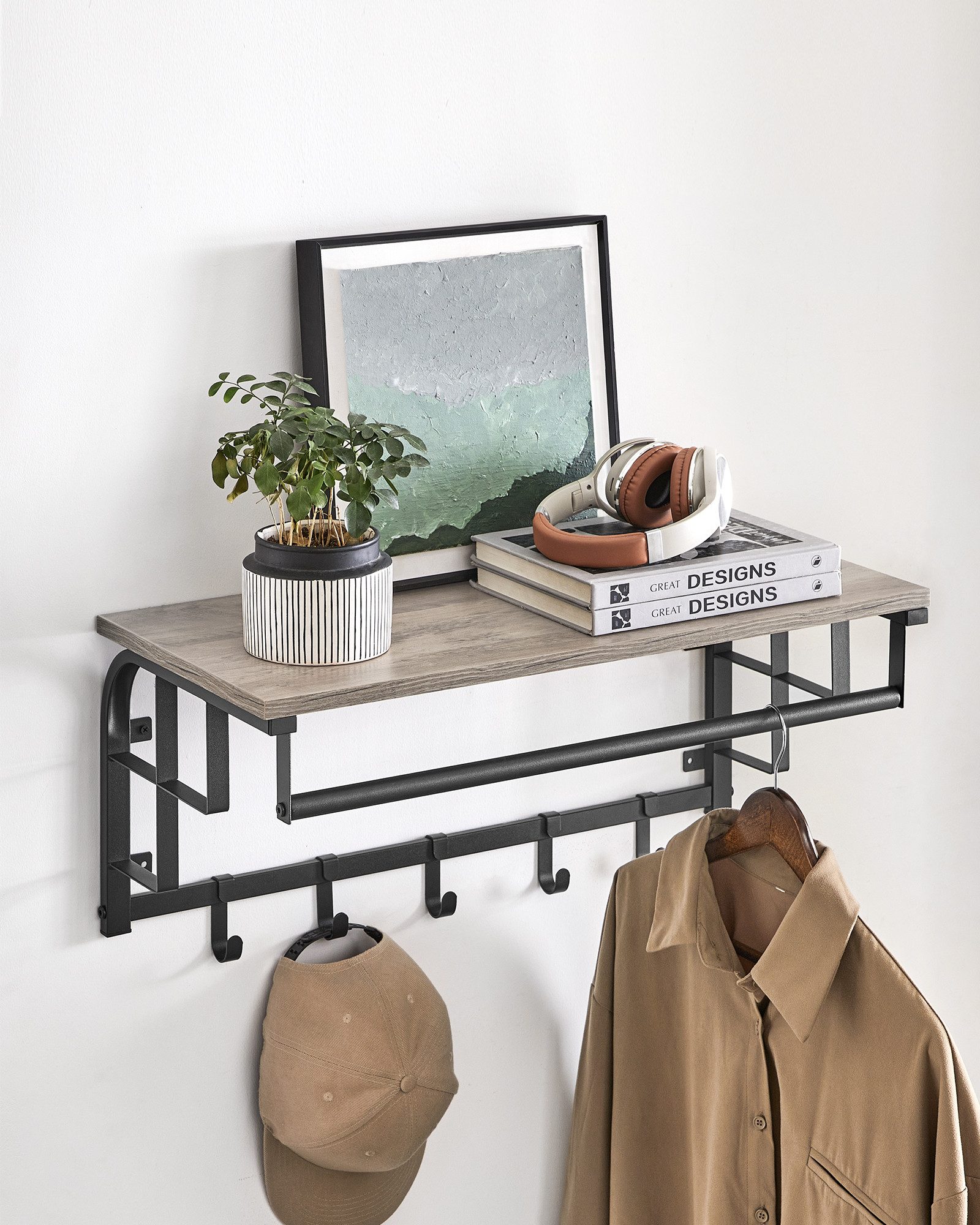 VASAGLE Wandgarderobe, Wandregal mit Haken, Länge 66 - 80 cm günstig online kaufen
