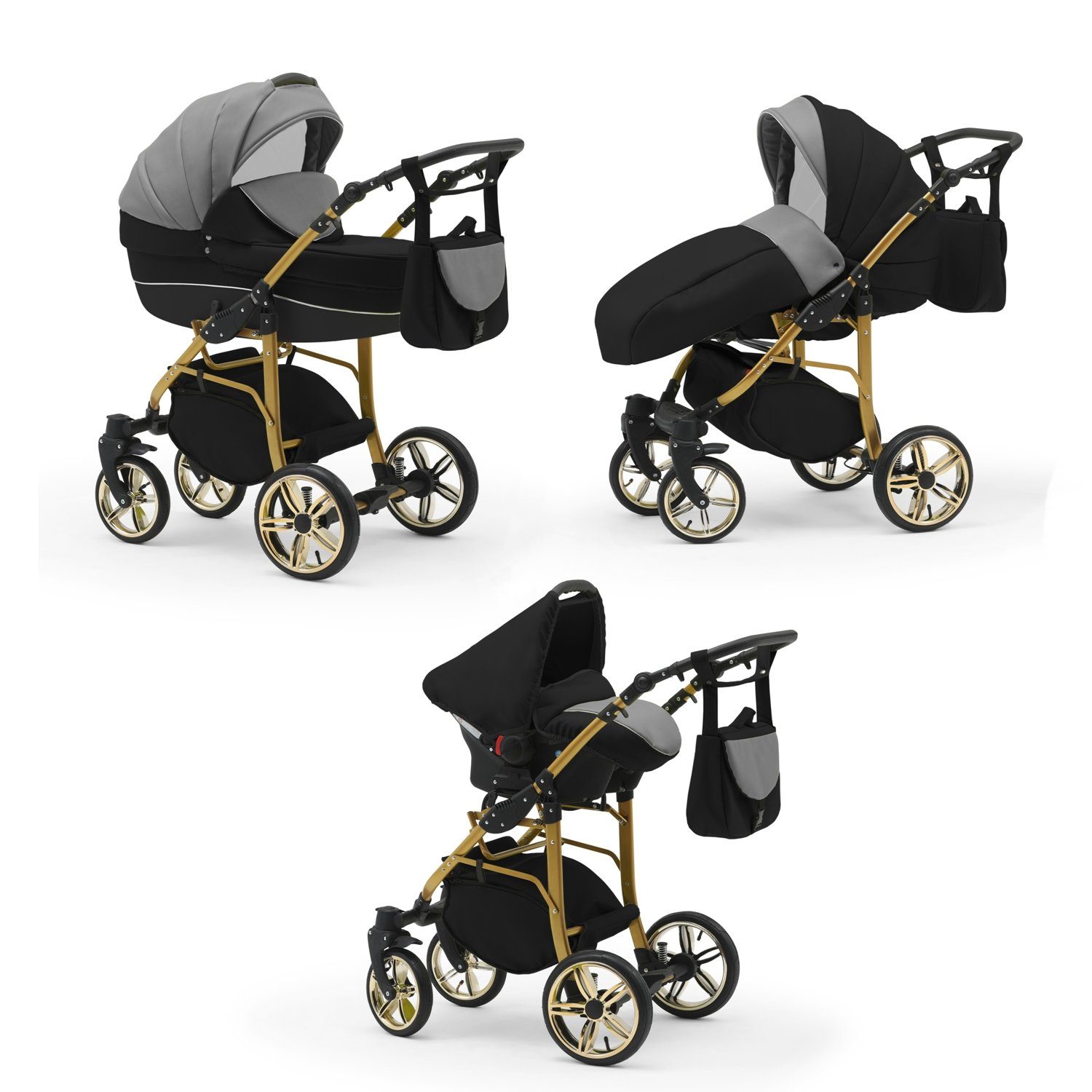 babies-on-wheels Kombi-Kinderwagen 3 in 1 Kinderwagen-Set Cosmo ECO Gold - 16 Teile - in 46 Farben Grau-Schwarz-Schwarz
