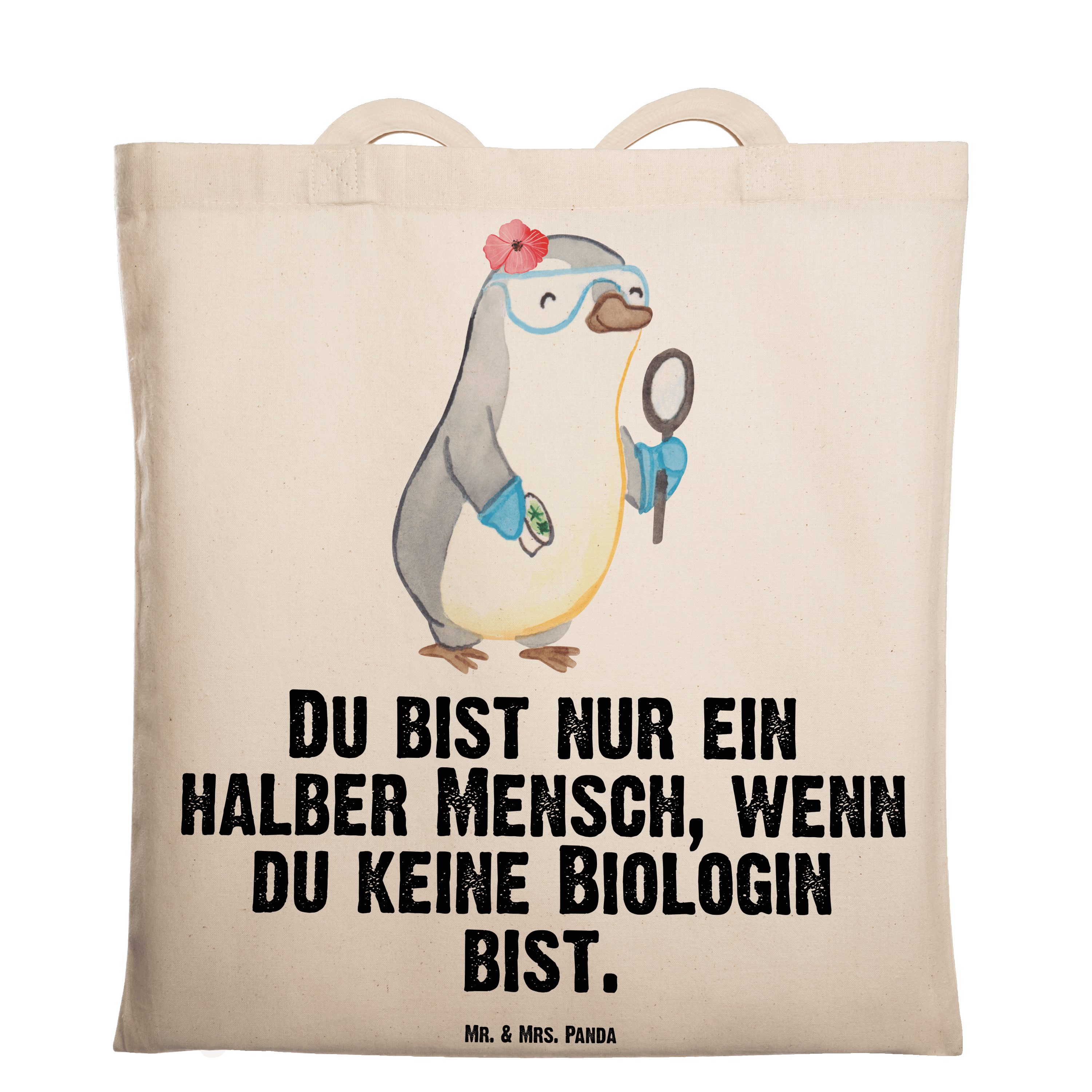 Mr. & Mrs. Panda - Tragetasche Beruf, Einkaufstasche, (1-tlg) Geschenk, Be mit Biologin Transparent - Herz
