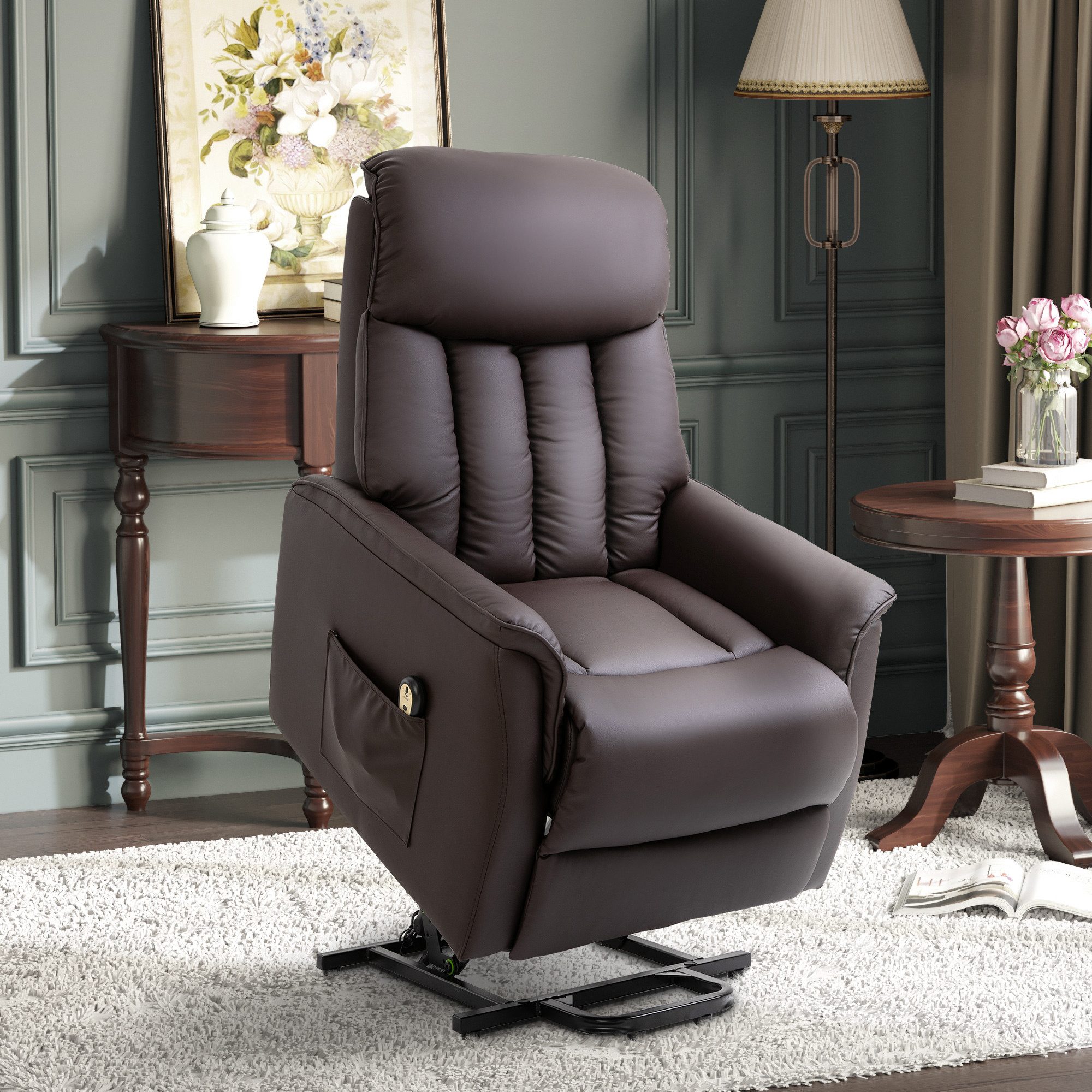 HOMCOM Relaxsessel Elektrisch TV Sessel mit Fußteil, Seitentasche, Fernbedienung (TV-Sessel, 1-St., Fernsessel), Relaxsessel mit Liegefunktion Kunstleder Braun