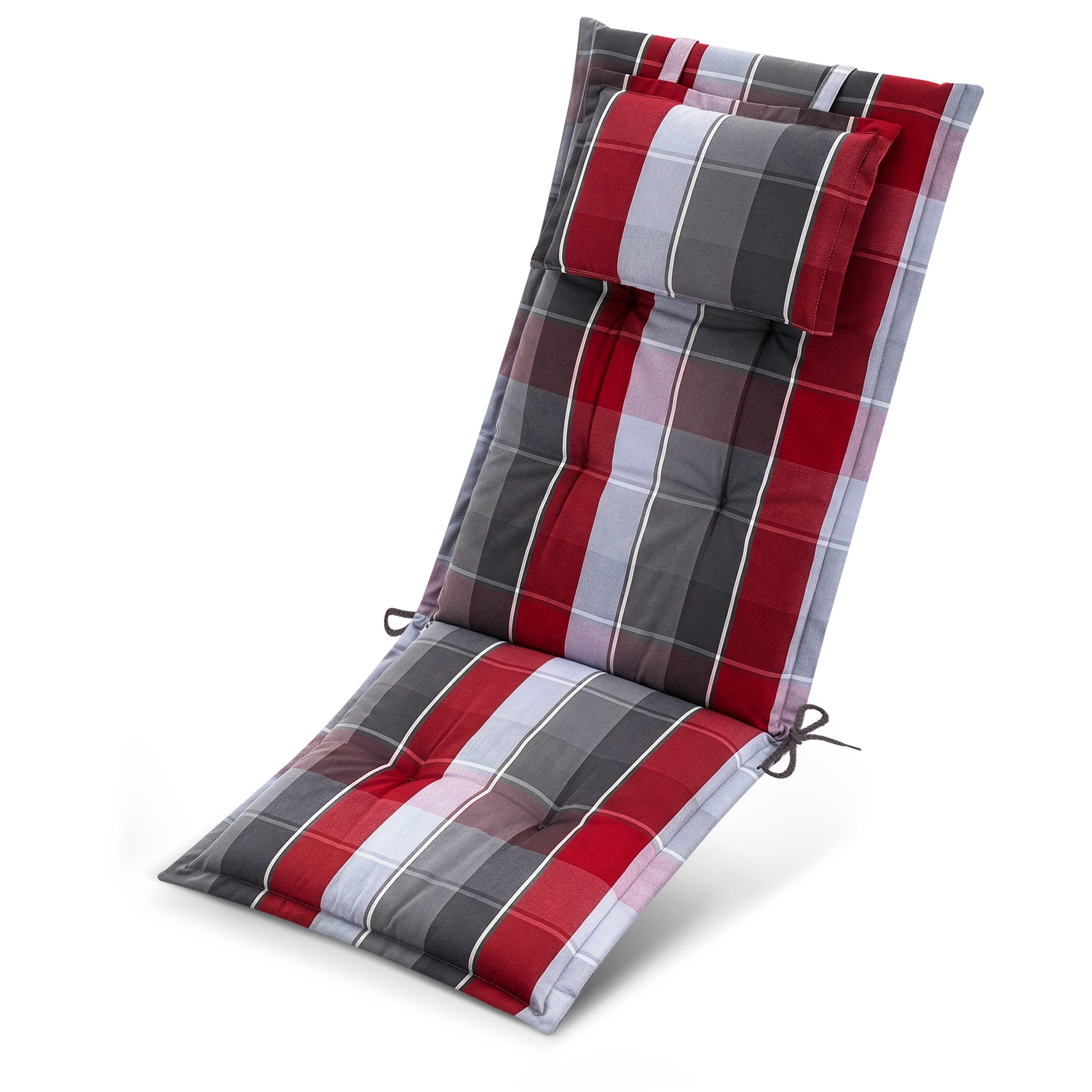 Beautissu Hochlehnerauflage Premium Hochlehnerauflage 120x50x7cm, Grau-Rot-Hellblau-Kariert, Gartenstuhlauflage Hochlehner - Robuster Stoff & UV-Lichtechtheit