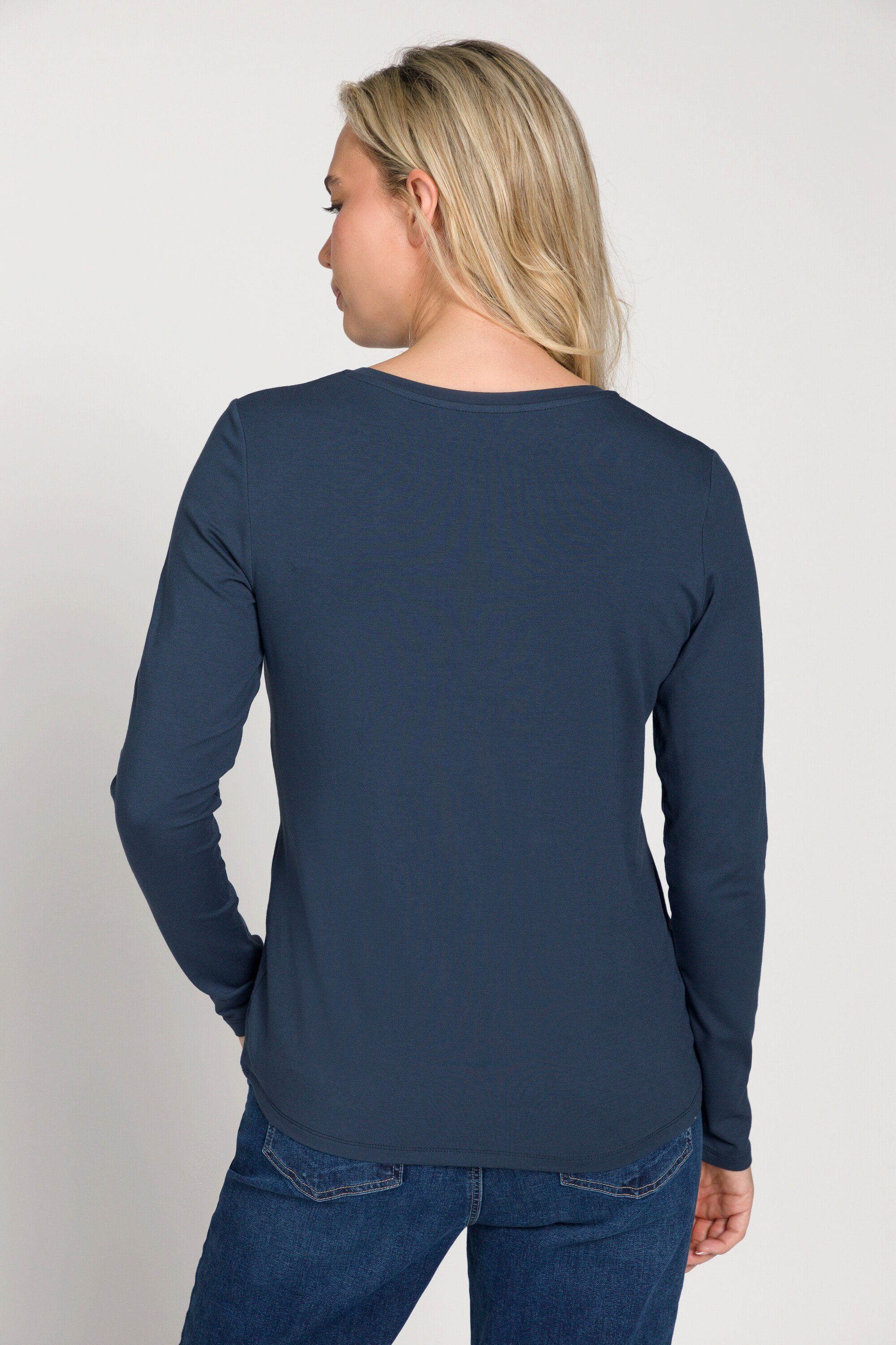 Gina Laura Rundhalsshirt Rundhals dunkelblau "V" mit Langam T-Shirt