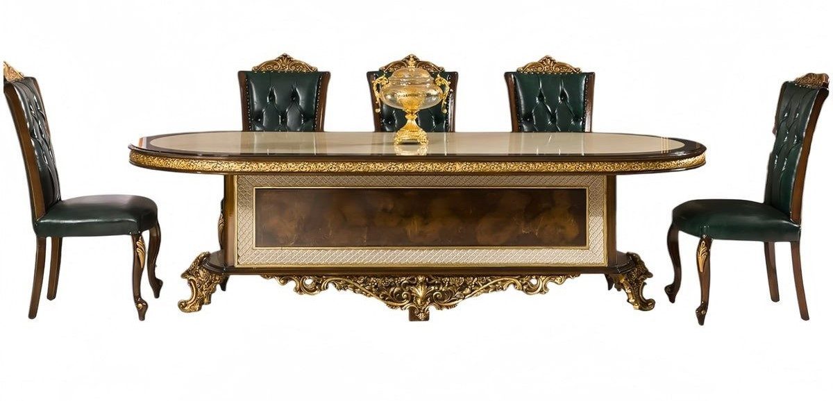 JVmoebel Konferenztisch Besprechungstisch Barock Holz mit Polsterung in Braun (6-St., Besprechungstisch, 5x Sessel), Made in Europe