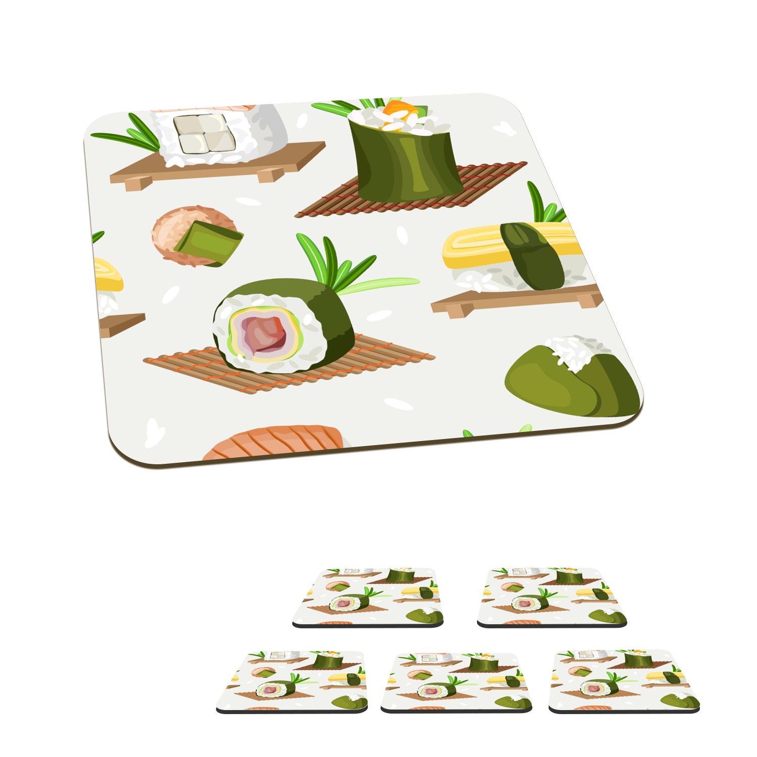 MuchoWow Glasuntersetzer Sushi - Muster - Lebensmittel, Zubehör für Gläser, 6-tlg., Glasuntersetzer, Tischuntersetzer, Korkuntersetzer, Untersetzer, Tasse