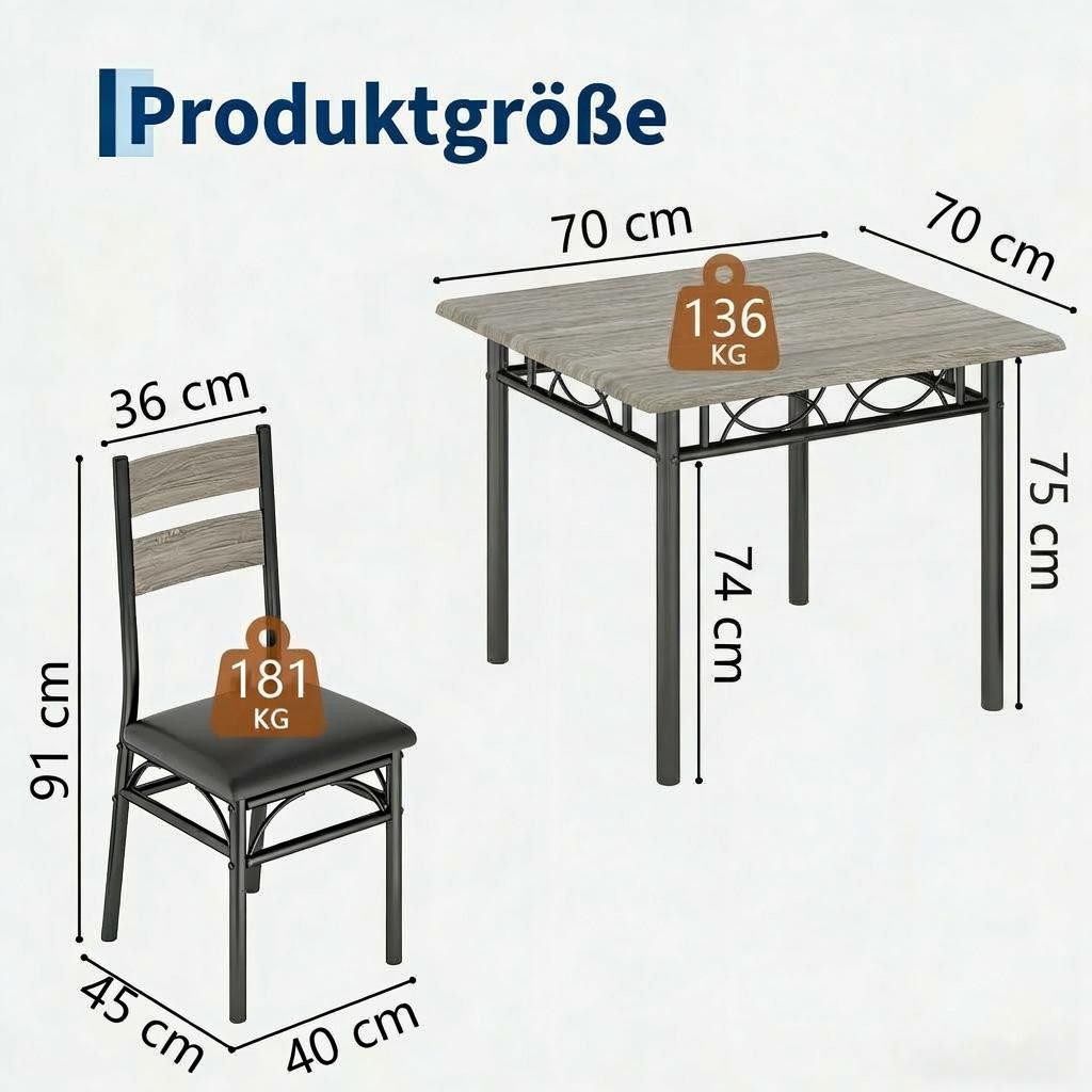 GarveeMore Essgruppe Essgruppe (3-teilig) mit Tisch und Stühlen für zwei Personen, 70 x 70 x 75 cm Stabiles Metallgestell für Küche Wohnung kleine Räume