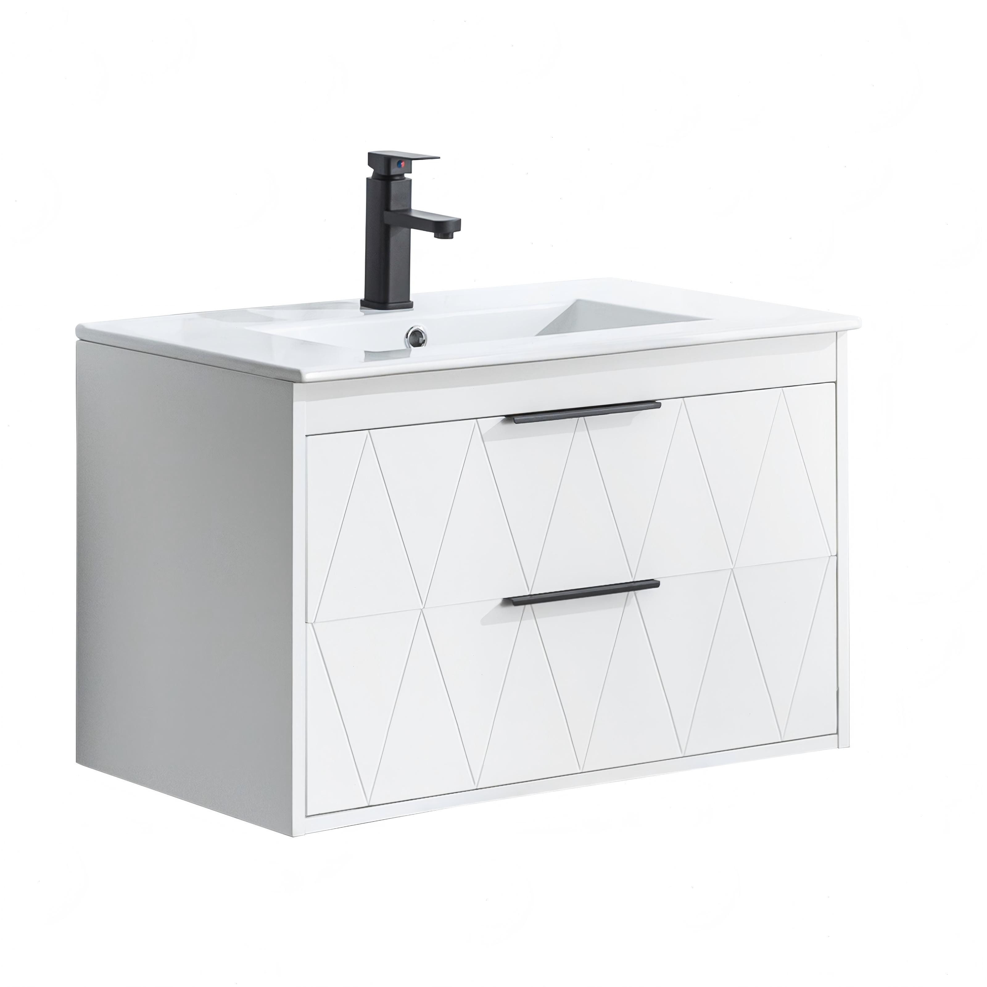 UEV Waschtisch mit Unterschrank, Hängender Waschbeckenunterschrank 60cm/75cm/90cm (mit Wasserhahn und Pop-up-Ablassventil), Soft-close Schubladen, Badezimmerschrank mit Waschbecken aus Keramik