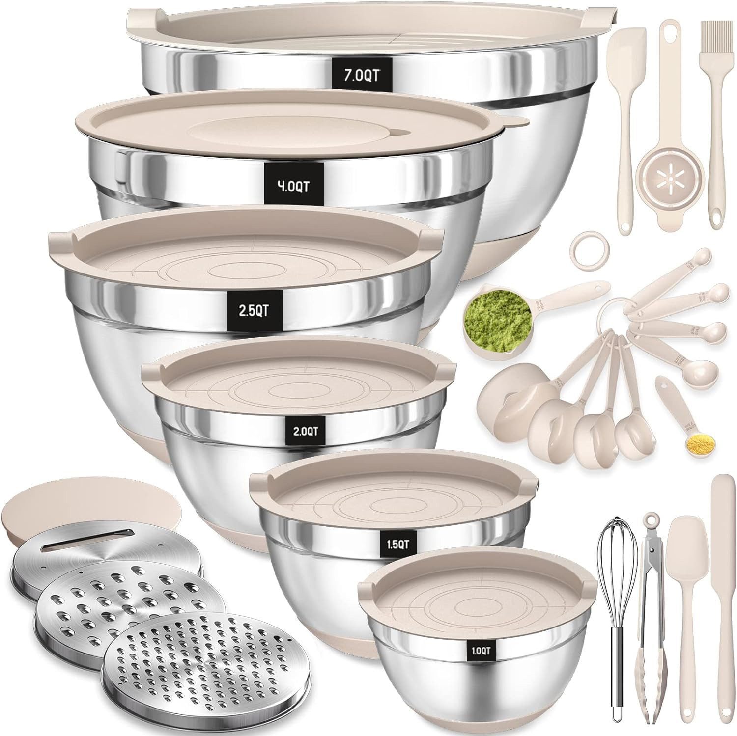 FOUORTUNATE-BEE Salatschüssel Rührschüssel 6er Set, Edelstahl Schüssel Salatschüssel, (mit Luftdichtem Deckel & Silikonboden, 3 Reibenaufsätzen, Schüsselset zum Backen/Servieren, 6.6 L/3.8 L/2.4 L/1.9 L/1.4 L/0.6 L - Khaki)
