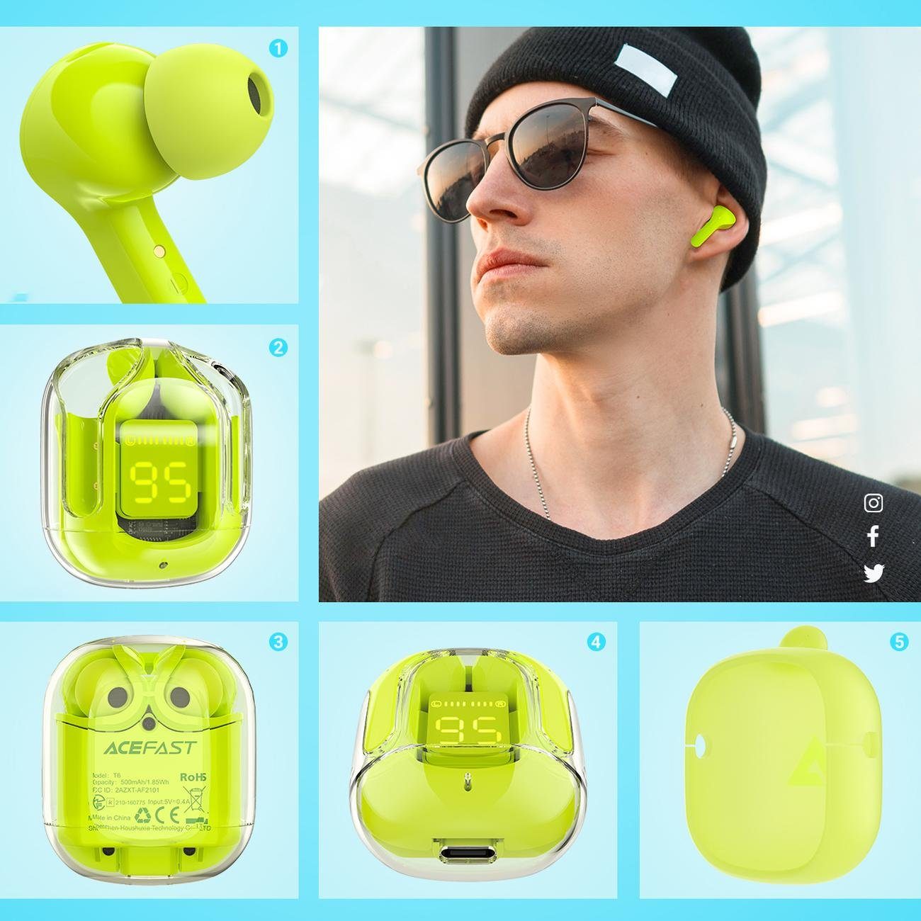 Kopfhörer Bluetooth Earbuds Grün T6 Youth Wireless In-Ear 5.0 TWS Headphones wireless In-Ear-Kopfhörer Acefast