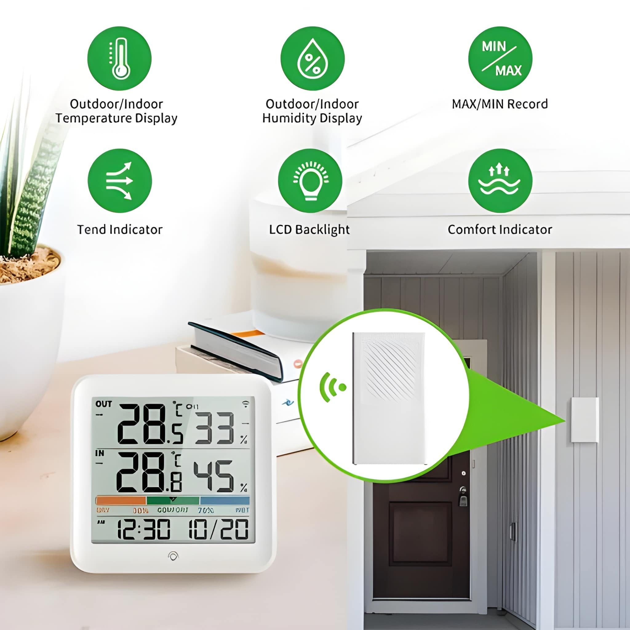 Athlix Wetterstation für Innen & Außen, kabelloses Thermometer und Hygrometer Funkwetterstation (100m Funkreichweite, IP43 wasserdicht, LCD-Display)