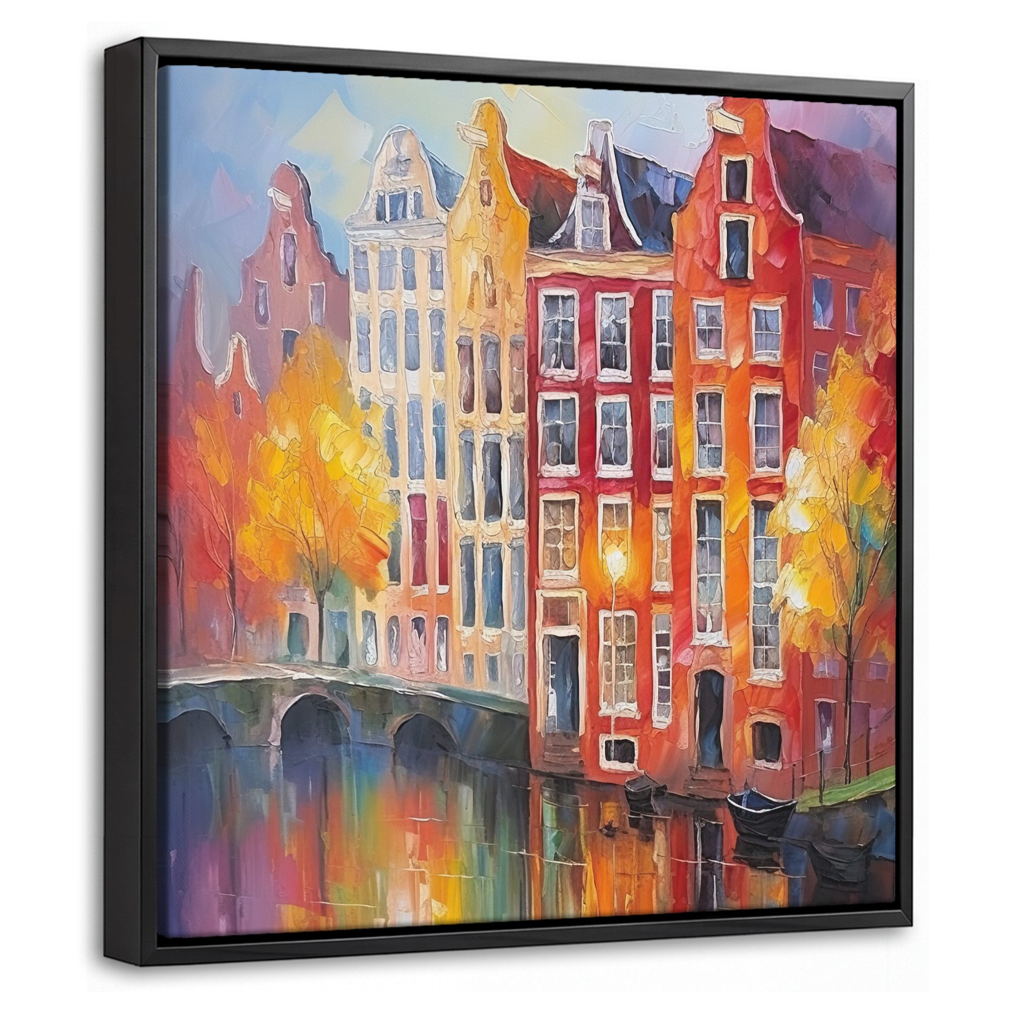 OneMillionCanvasses® Leinwandbild mit Rahmen - Grachtenhäuser - Kunst - Malerei - Amsterdam, Fotodruck (1 St), Leinwand Bilder Klein, Wand Dekoration Aesthetic 20x20cm