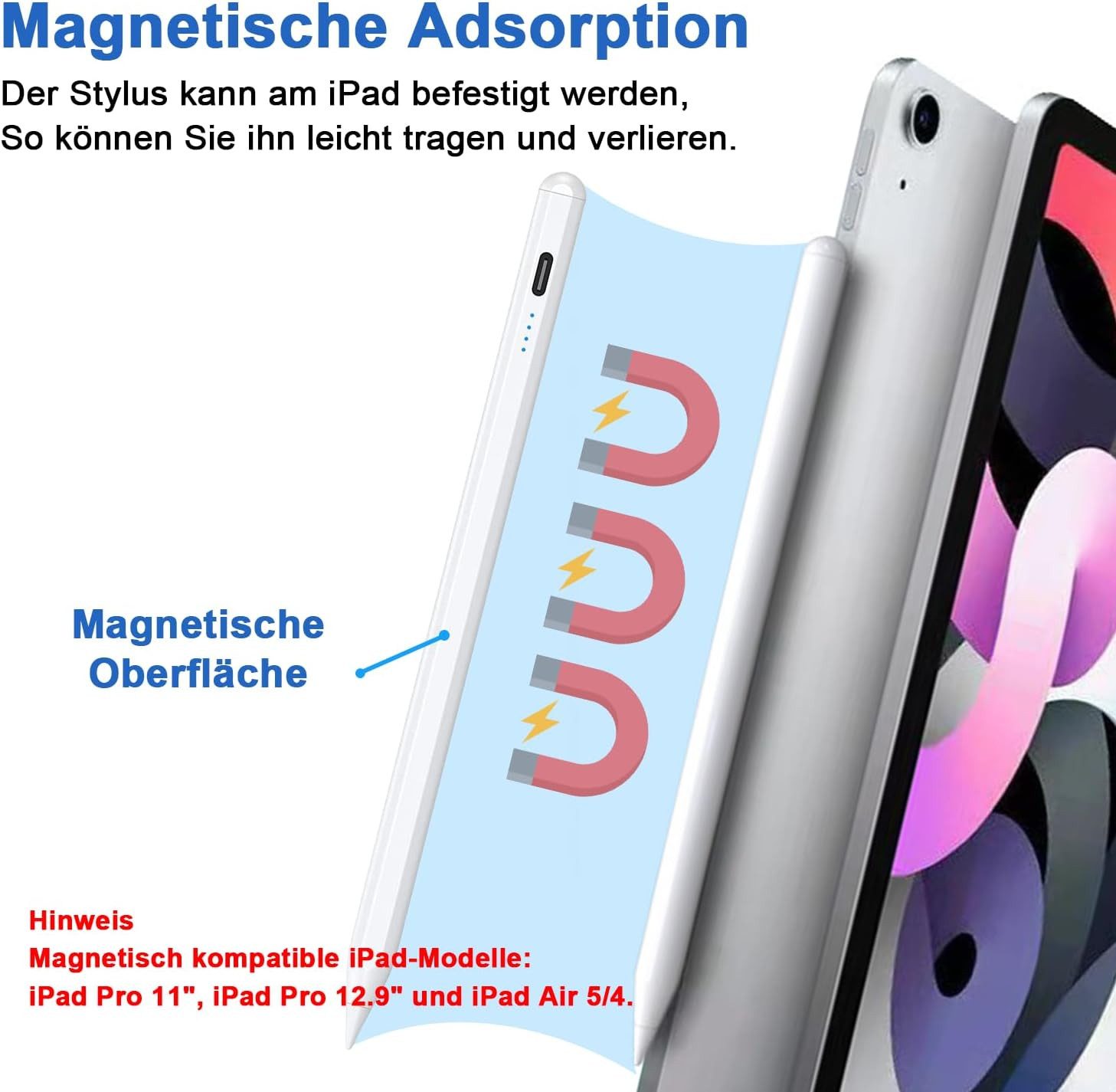 S&T Design Eingabestift Stift für iPad USB-C (2018-2024) Schnellladen für Apple iPads (2018-2024), mit Ersatzspitze) Tabletstift Stylus Pencil 2. Generation Pen – Bild 5 von 5