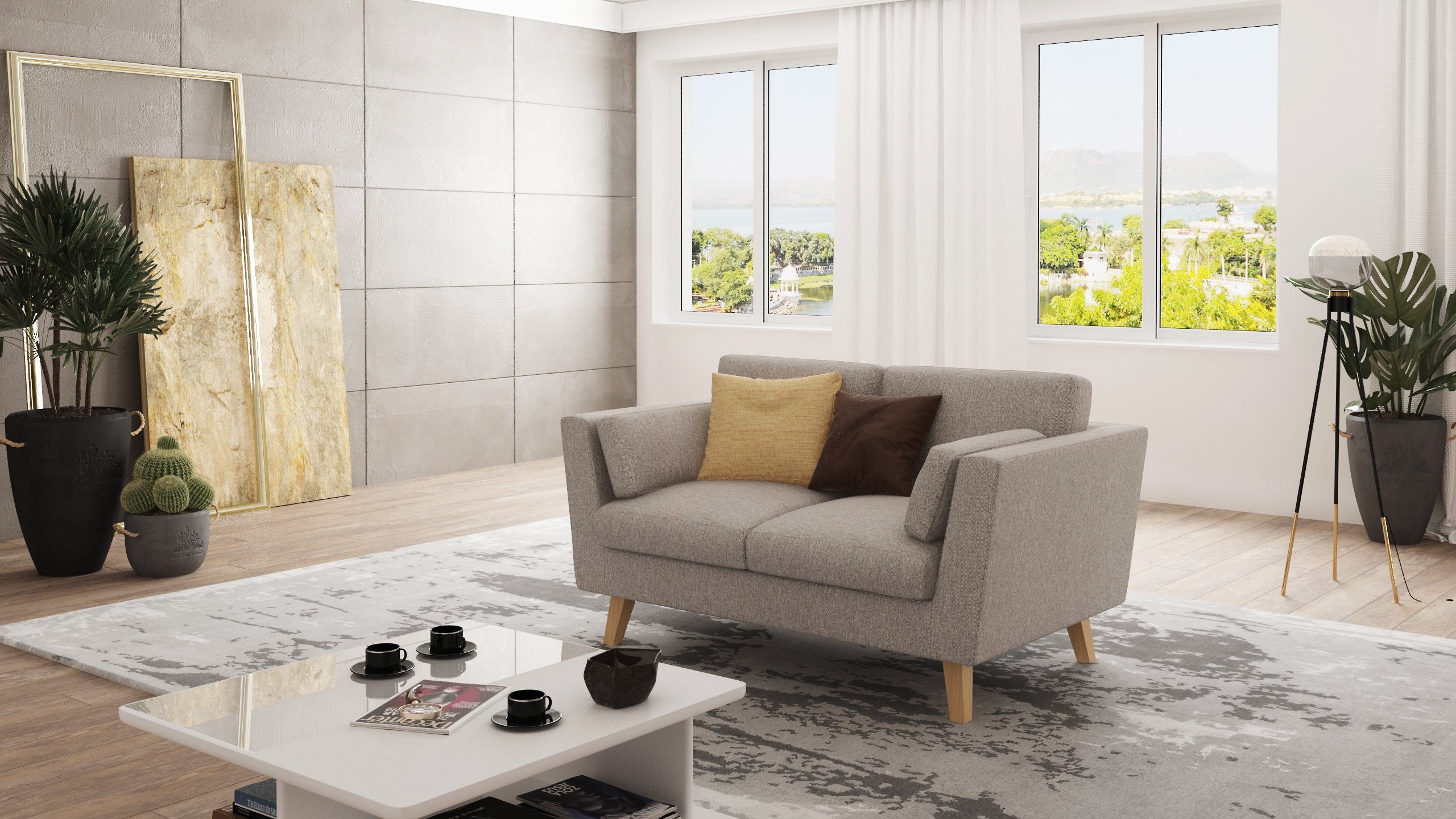 Wellenfederung mit Angeles Möbel 2-Sitzer Dunkelbeige im Sofa S-Style Design, skandinavischen