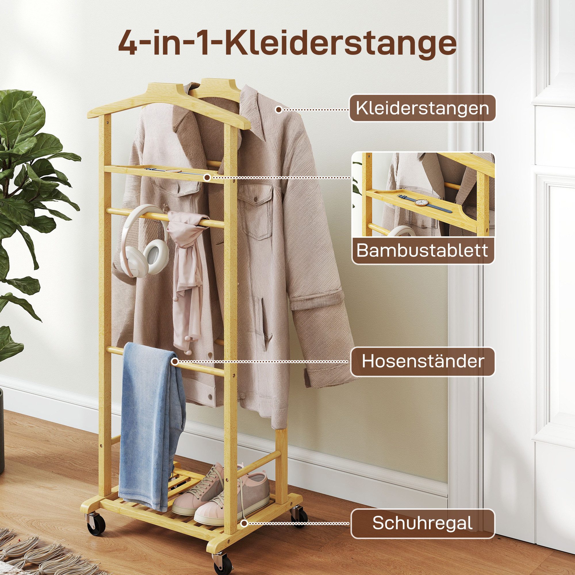 HOMCOM Garderobenständer Schuhablage, Ablagetablett mit Hosenhalter für Schlafzimmer, (Kleiderständer, 1 St., Garderobe), aus Bambus, kompakt, mobil mit Rollen – Bild 4 von 5