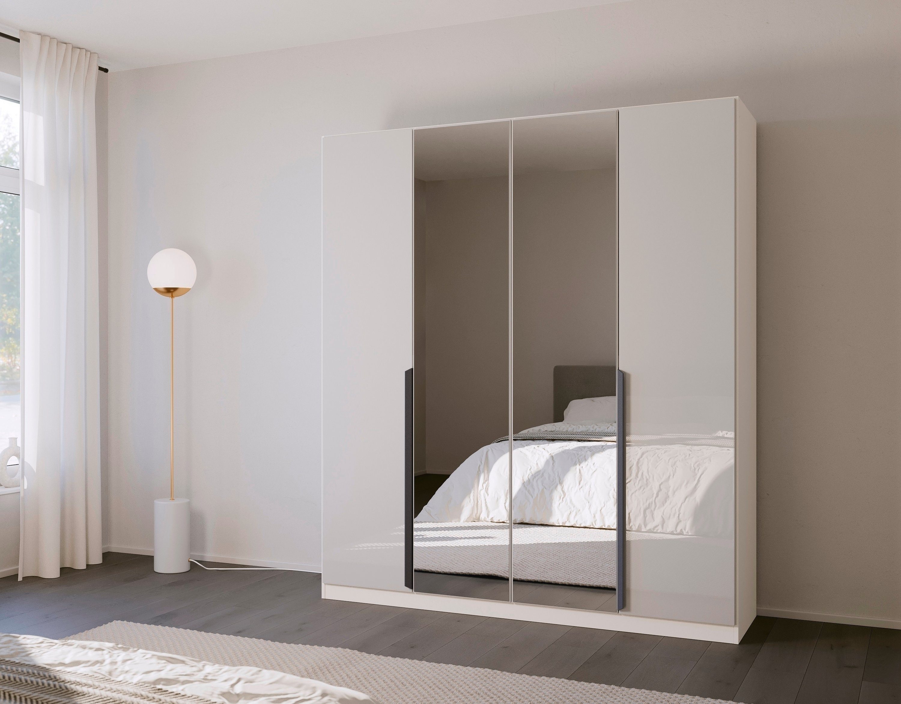 rauch Drehtürenschrank Kleiderschrank Schrank Garderobe Ankleide MODERN BY QUADRA SPIN (Breiten: 181/226/271 cm, Höhe 210 cm) mit Spiegel und hochwertiger Glasfront, Stangengriff MADE IN GERMANY