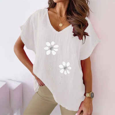 BlauWave Kurzarmshirt Bedrucktes Kurzarm-T-Shirt aus Baumwolle mit V-Ausschnitt (1-tlg., für Damen Bluse Mit Fledermausärmel) Geeignet für tägliche Reisen