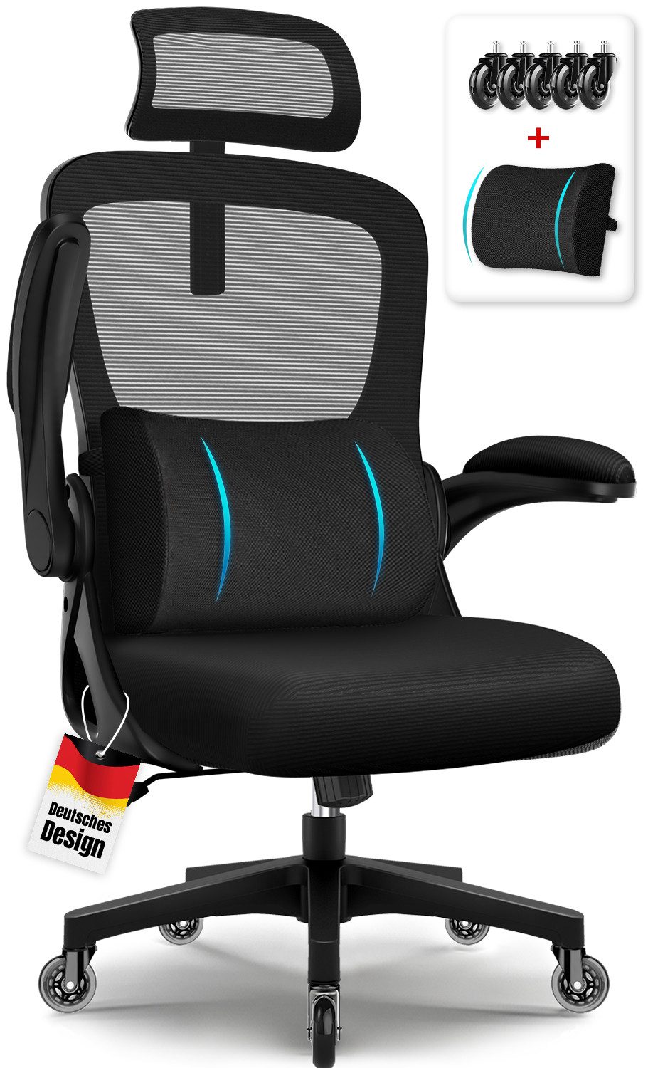 Hiazurm Bürostuhl Bürostuhl, Schreibtischstuhl mit 5D-Lendenwirbelstütze und Kopfstütze (Drehstuhl, Chefsessel Wippfunktion 90°-135°,90° Klappbare Armlehnen,leise Rolle,Bis 155 kg belastbar), Atmungsaktiv, Verlängerte und Verbreiterte Rückenlehne