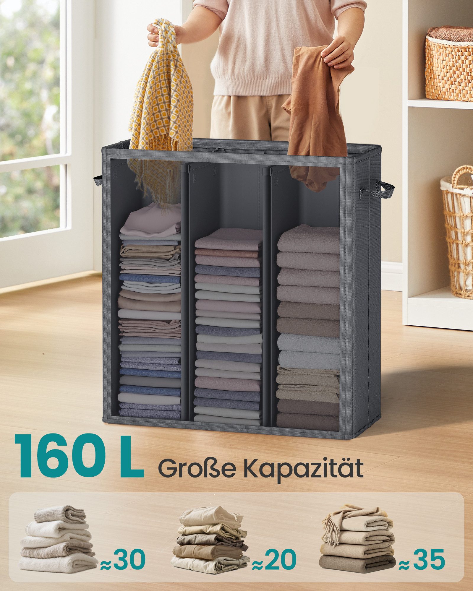 SONGMICS Wäschekorb herausnehmbarer und waschbarer Innensack, Waschküche Schlafzimmer, mit 3 Fächern, 160 L, mit Deckel, 5 Etiketten, 64 x 33 x 75 cm