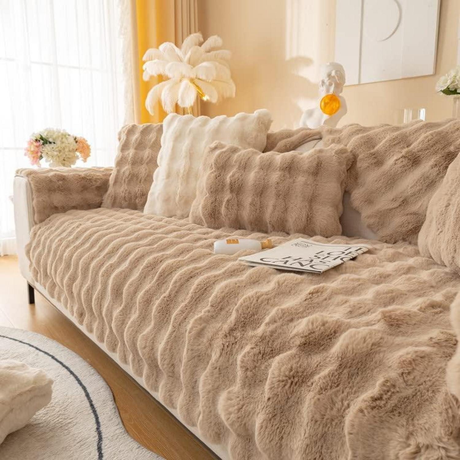 Überwurf Sofa überzug Kunstpelz leicht Kaffee 70x90, LuxusKollektion