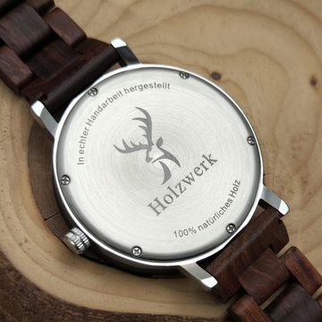 Holzwerk Quarzuhr HAMBÜHREN Damen & Herren Holz Armbanduhr, braun, schwarz, silber