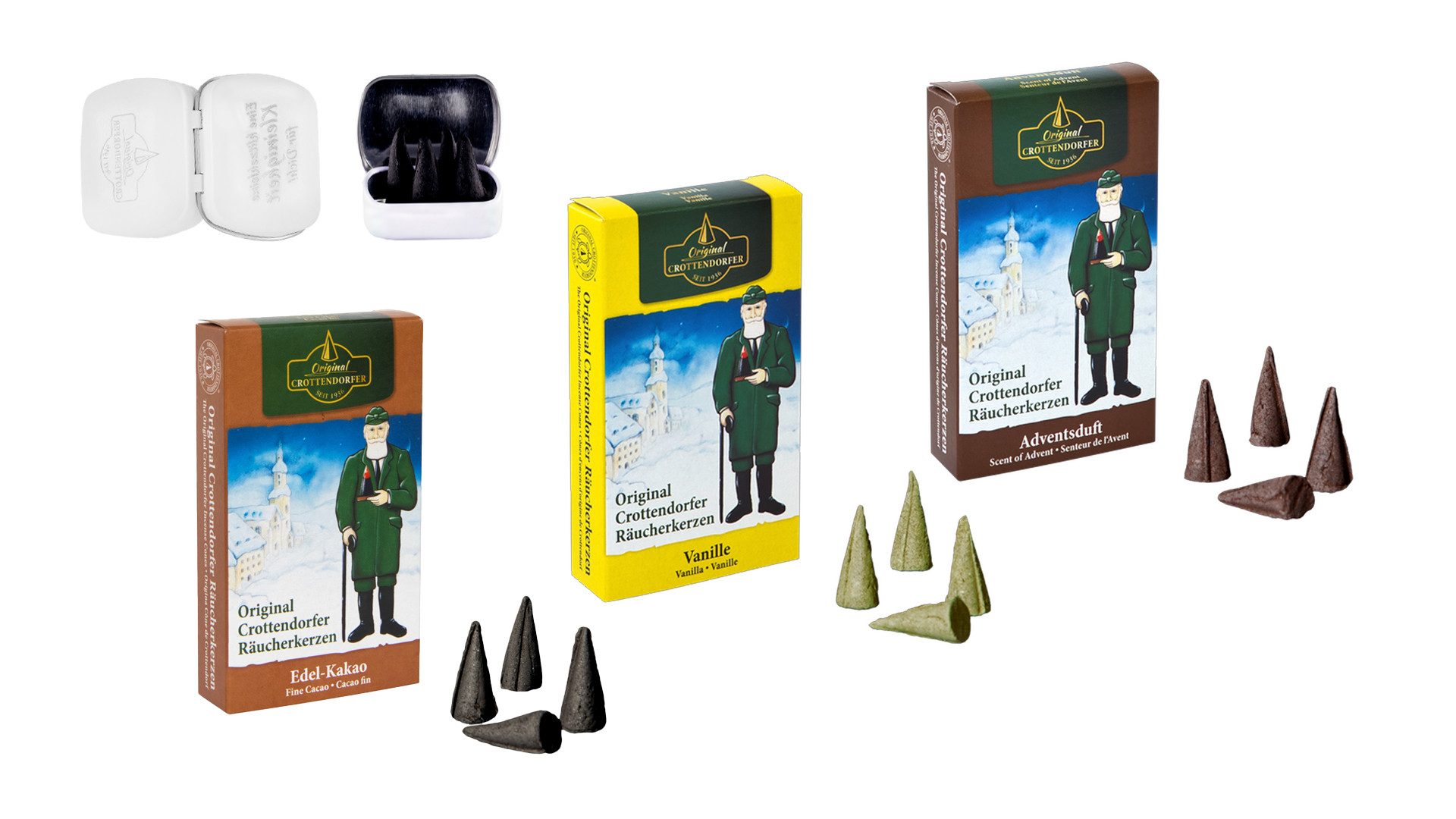 Crottendorfer Duftkerze Edel Kakao. Vanille & Adventsduft - mit klitzekleiner Metalldose, inkl. 4x Haamitkerzle - für winterlichen Flair - Made in Germany