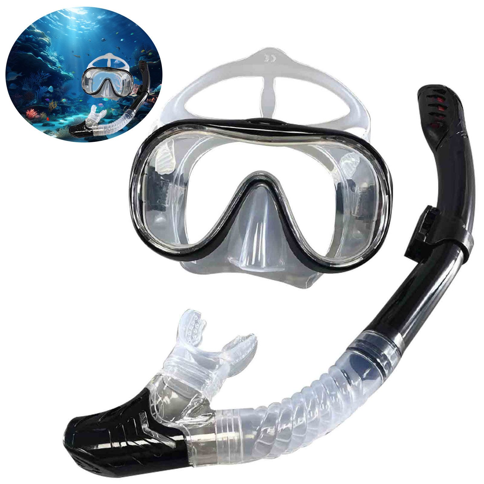 MODFU Schnorchel Schnorchelset Schnorchelmaske Taucherbrille Set Tauchenset (1 St., Anti-Leck Anti-Fog Tauchmaske Dry Schnorchel aus Gehärtetem Glas), Trocken Schnorchel Schwimmen und Tauchen