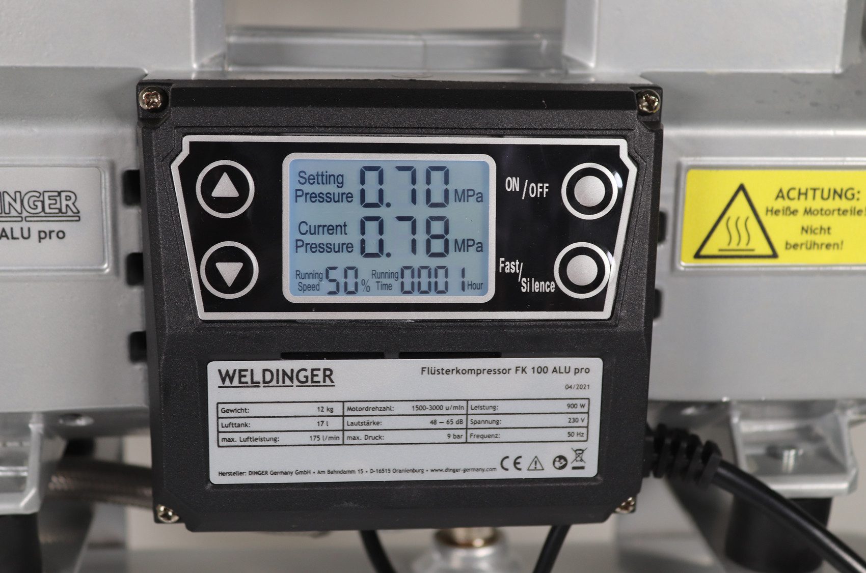 WELDINGER Kompressor FK100 Alu pro Flüsterkompressor 900W 3-9 bar 17l Aluminiumtank, 900 W, max. 9 bar, 17 l, Stück, 1-tlg., Digitalsteuerung, Aluminiumtank