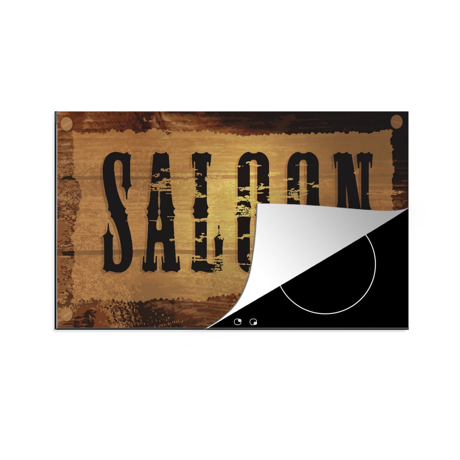MuchoWow Herdblende-/Abdeckplatte Illustration eines hölzernen Barschilds "Saloon"., Vinyl, (1 tlg), 83x51 cm, Ceranfeldabdeckung, Arbeitsplatte für küche
