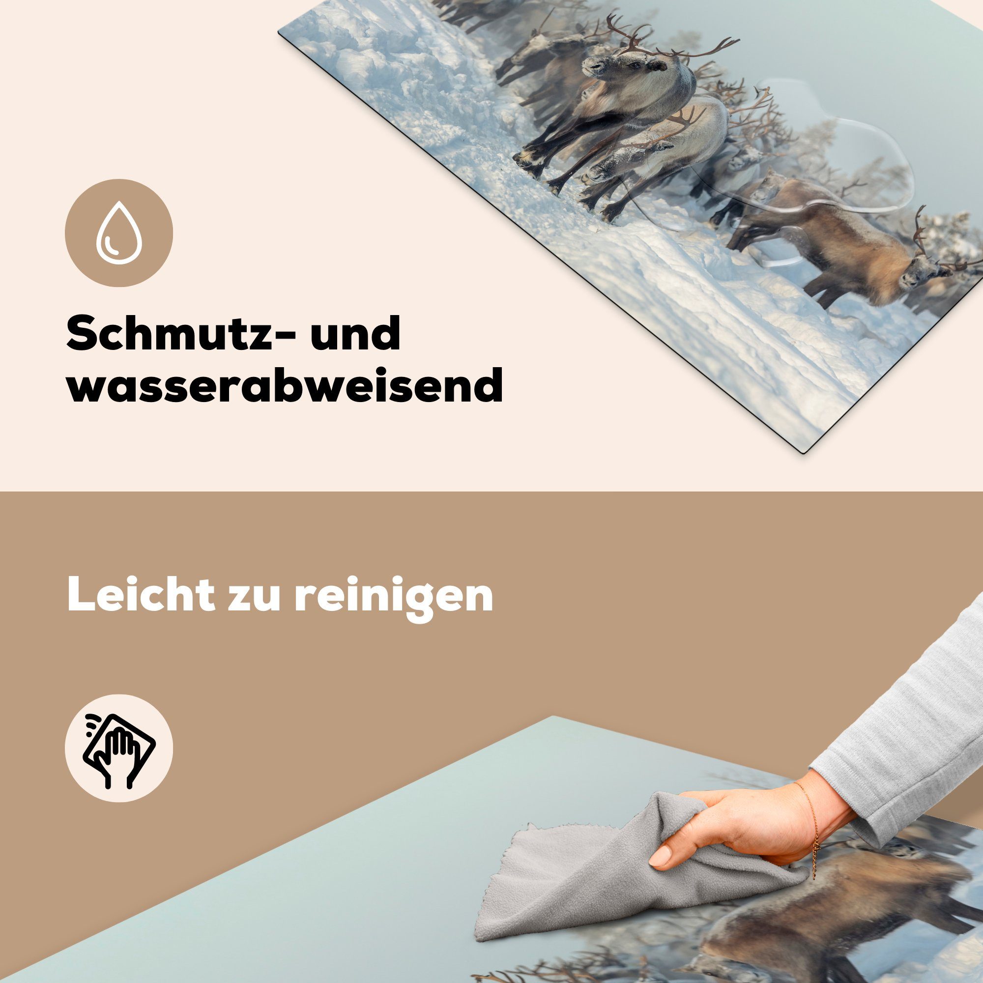 Vinyl, Rentier - tlg), - küche, cm, Schutz 81x52 Herdblende-/Abdeckplatte Schnee die für Tiere, Induktionskochfeld MuchoWow (1 Ceranfeldabdeckung