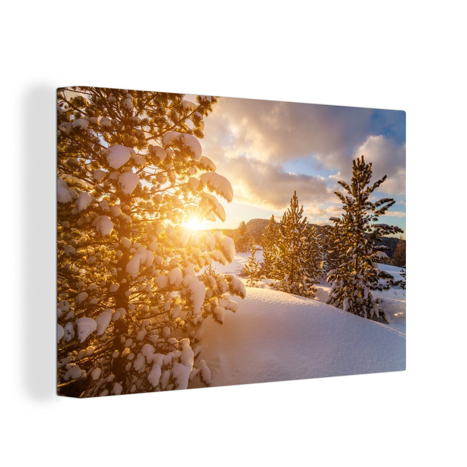 OneMillionCanvasses® Leinwandbild Eine Winterlandschaft bei Sonnenuntergang, (1 St), Wandbild für alle Wohnbereiche, Gemälde, XXL, großes, 120x80 cm