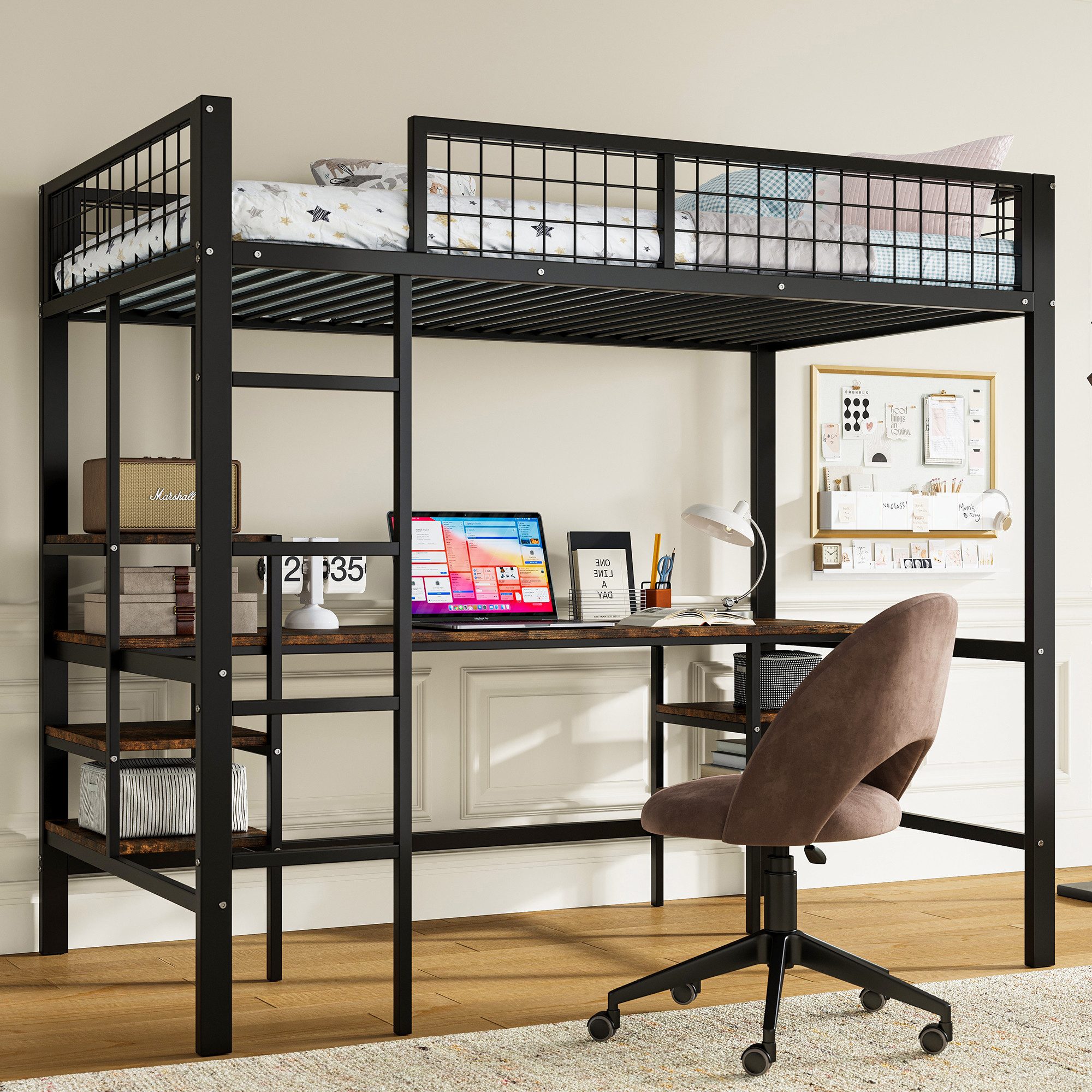 Merax Hochbett (1-St) Eisen Etagenbett 90x200cm mit Schreibtisch, Regal & 4-stufige Leiter