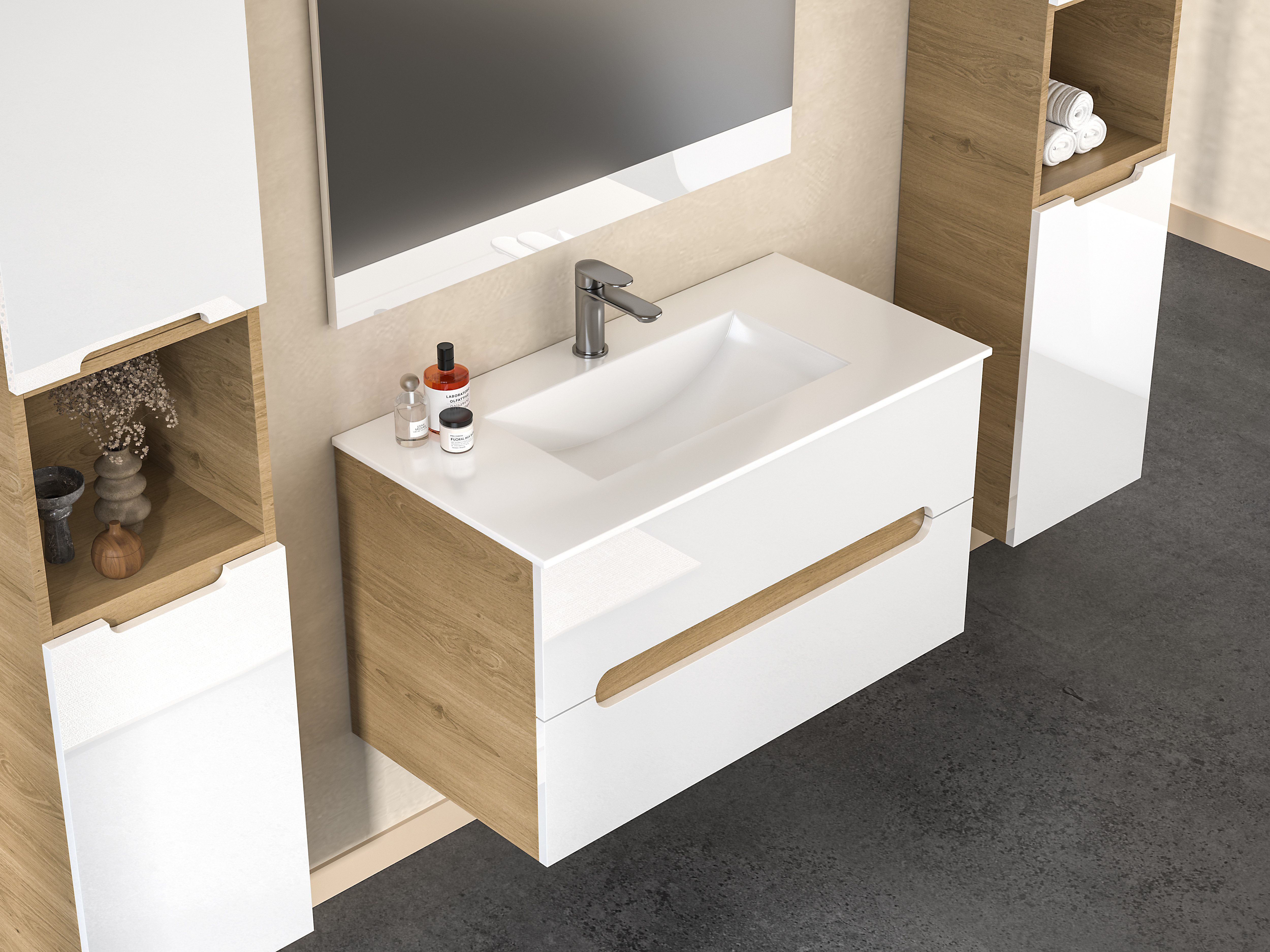 Faizee Möbel Badmöbel-Set 90cm Hochglanz Weiß inkl. Waschbecken&LED-Beleuch günstig online kaufen