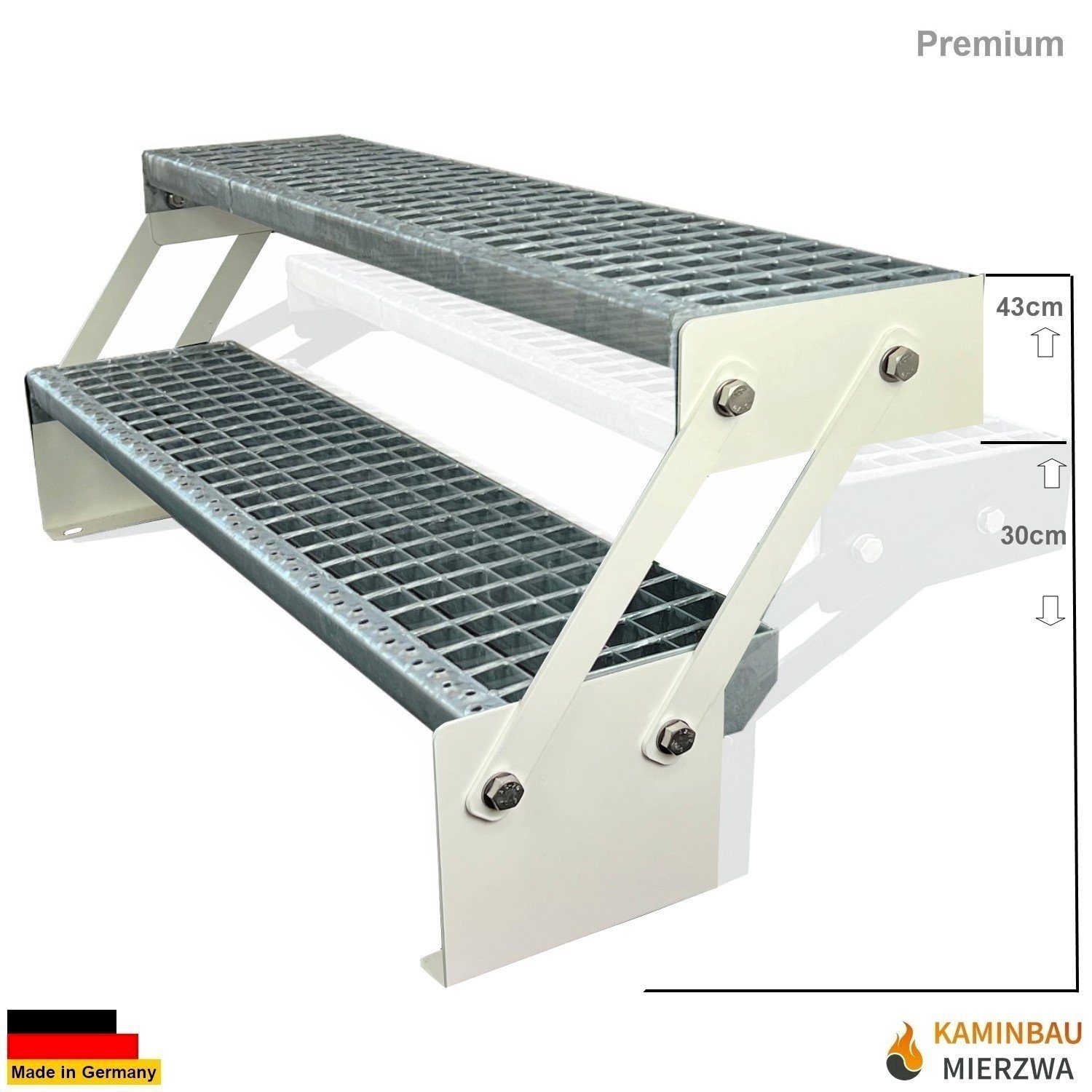 Kaminbau Mierzwa Außentreppe Premium Treppe Weiß Höhe Verstellbar, für Geschosshöhen bis 43.00 cm, (Höhe Verstellbar 30-43 cm), Gartentreppe Stahltreppe Wetterfest Rostfrei Feuer-Verzinkt Rutschfest