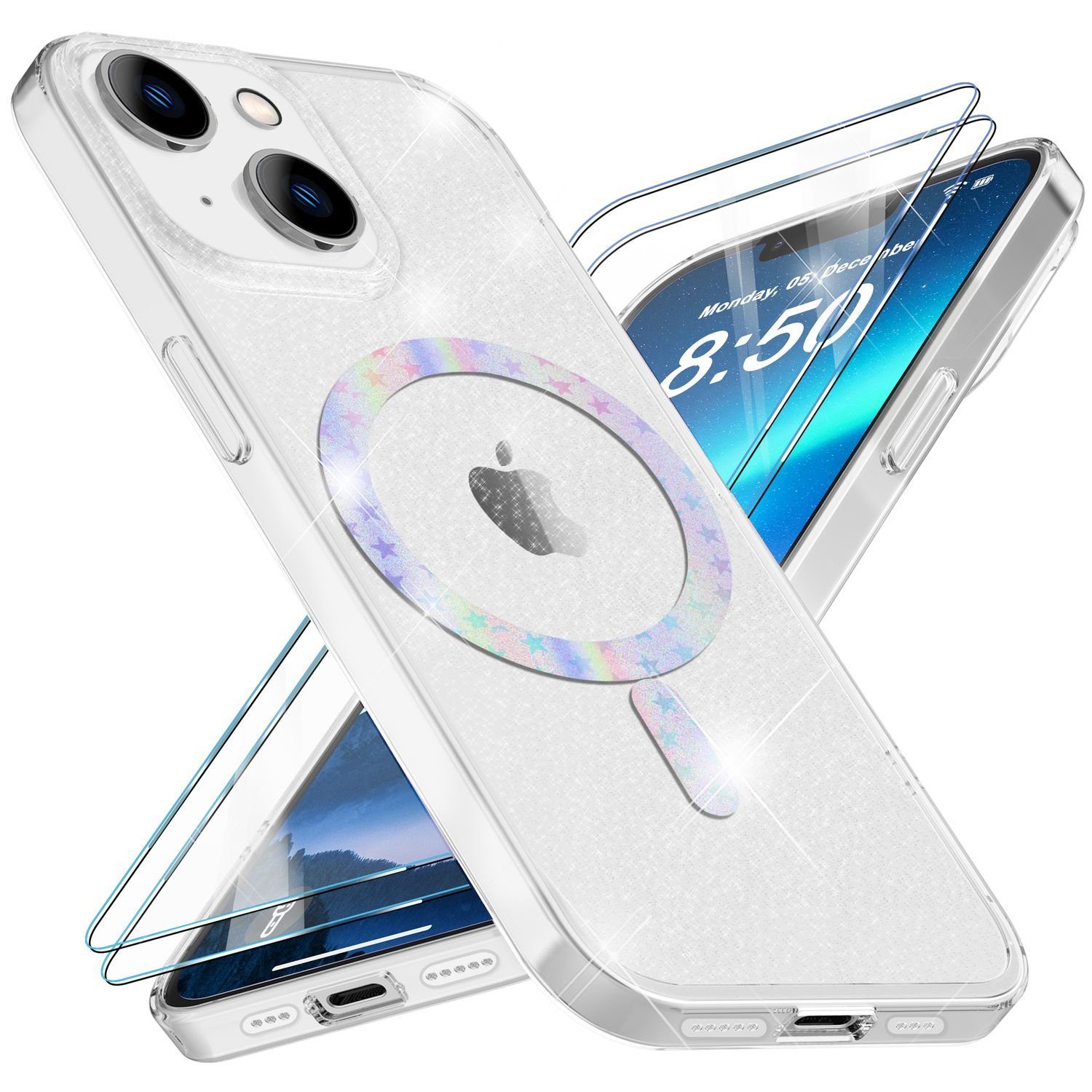 Nalia Smartphone-Hülle Apple iPhone 14 15,5 cm (6,1 Zoll), Klare Glitzer Hülle / MagSafe Funktion / 2x Schutzglas / Glitter Cover