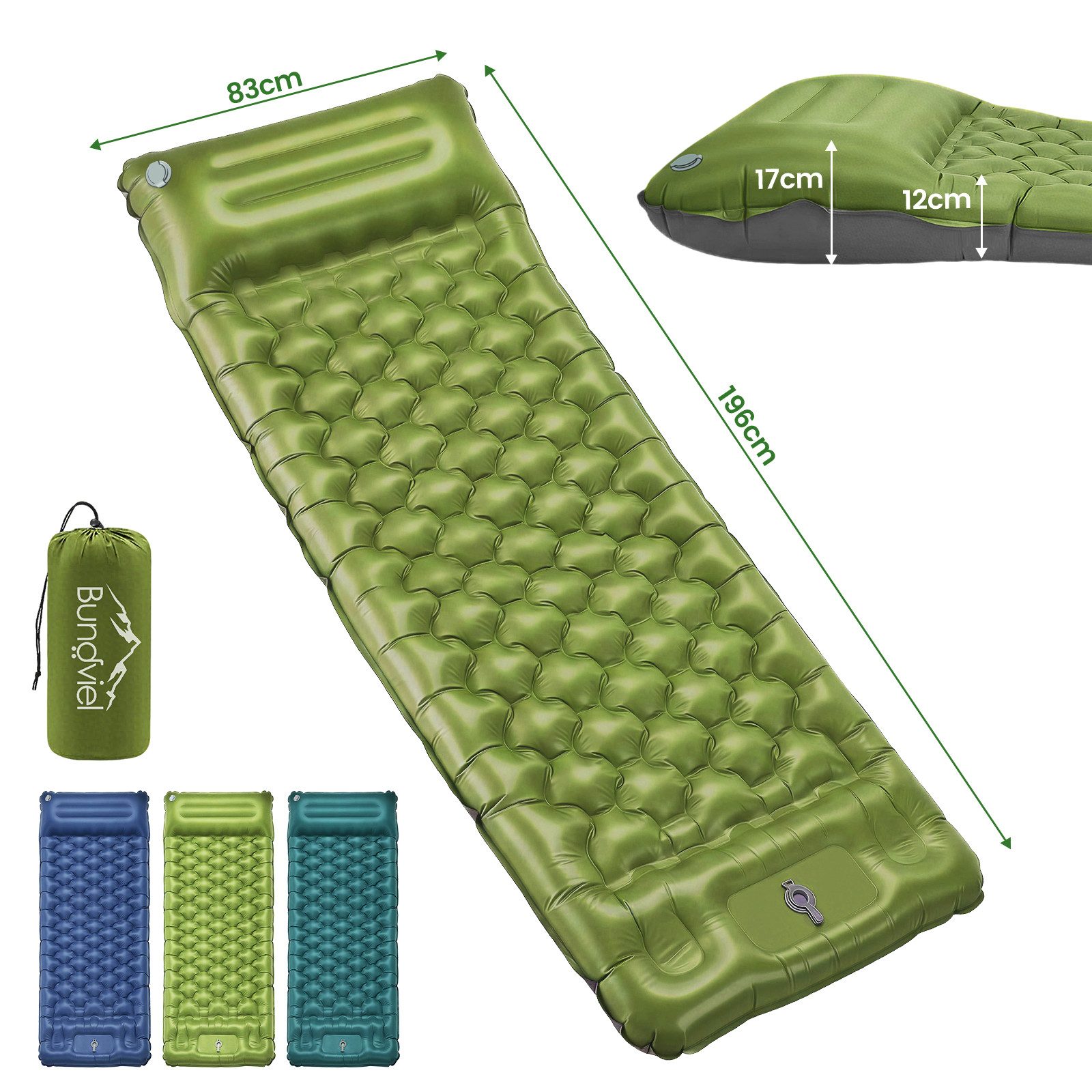 Bundviel Luftbett Isomatte selbstaufblasend 12 cm dick ultraleicht Klappbar für Camping, (196x83x12cm), Mit Fußpumpe für schnelles Aufblasen ausgestattet