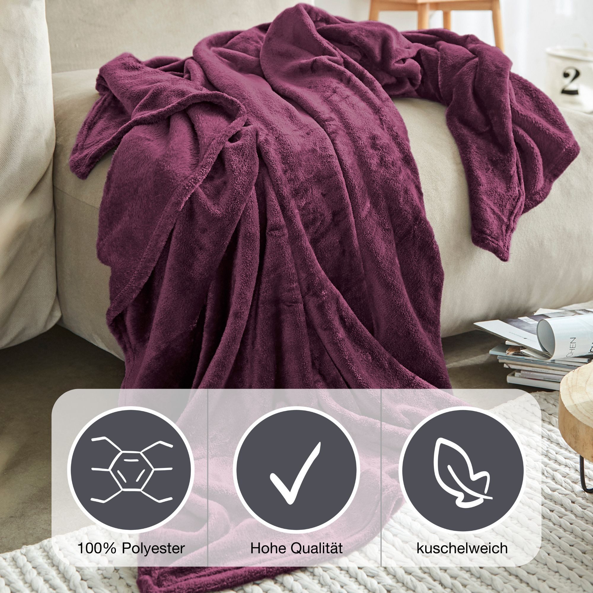 Wohndecke Uni Fleecedecke Olbia, IBENA, einfarbig schick, Kuscheldecke