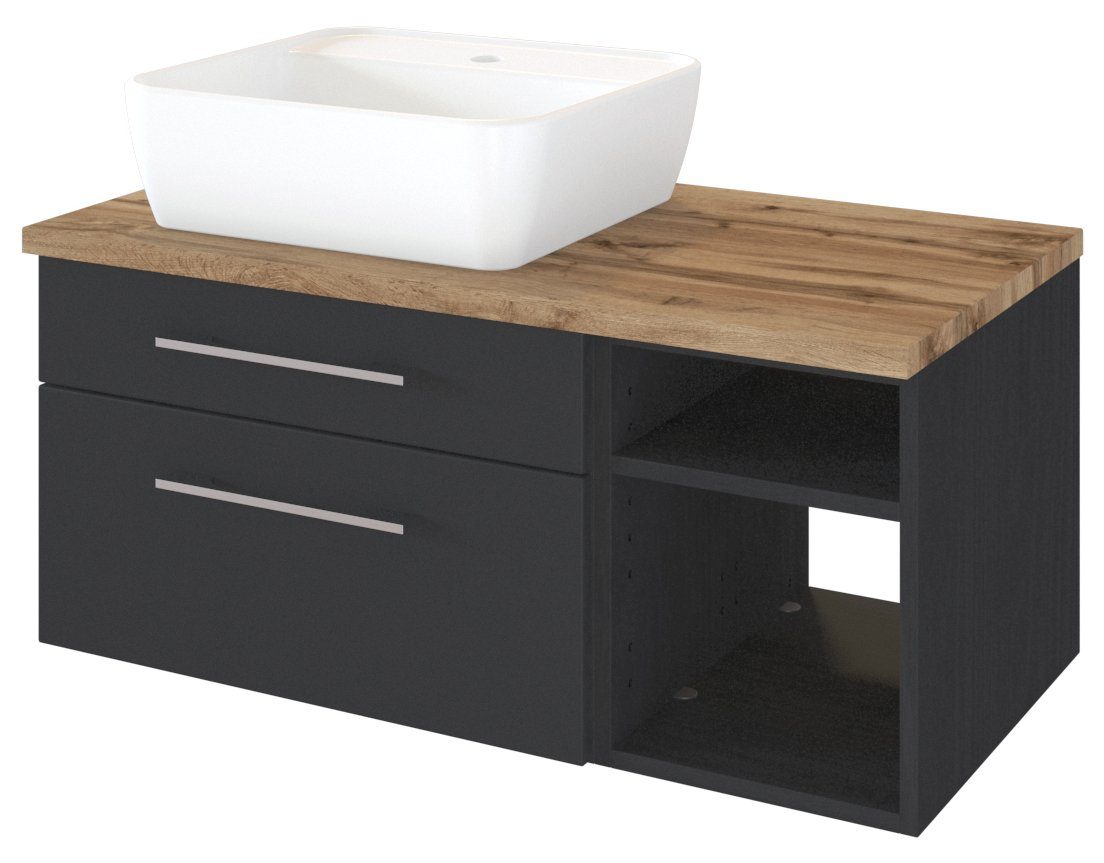 HELD MÖBEL Waschtisch-Set Waschtisch Davos 90 cm (links) mit Regal graphit/matt grau