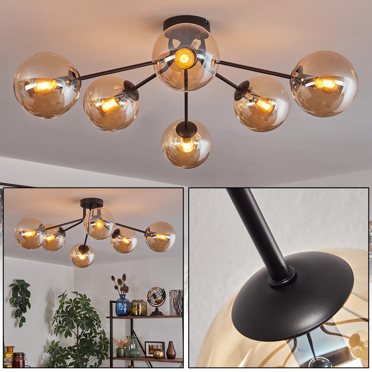 hofstein Deckenleuchte Deckenlampe aus Metall/Glas in Schwarz/Bernsteinfarben/Klar, ohne Leuchtmittel, mit Glasschirmen(15 cm), 6 x E14, ohne Leuchtmittel