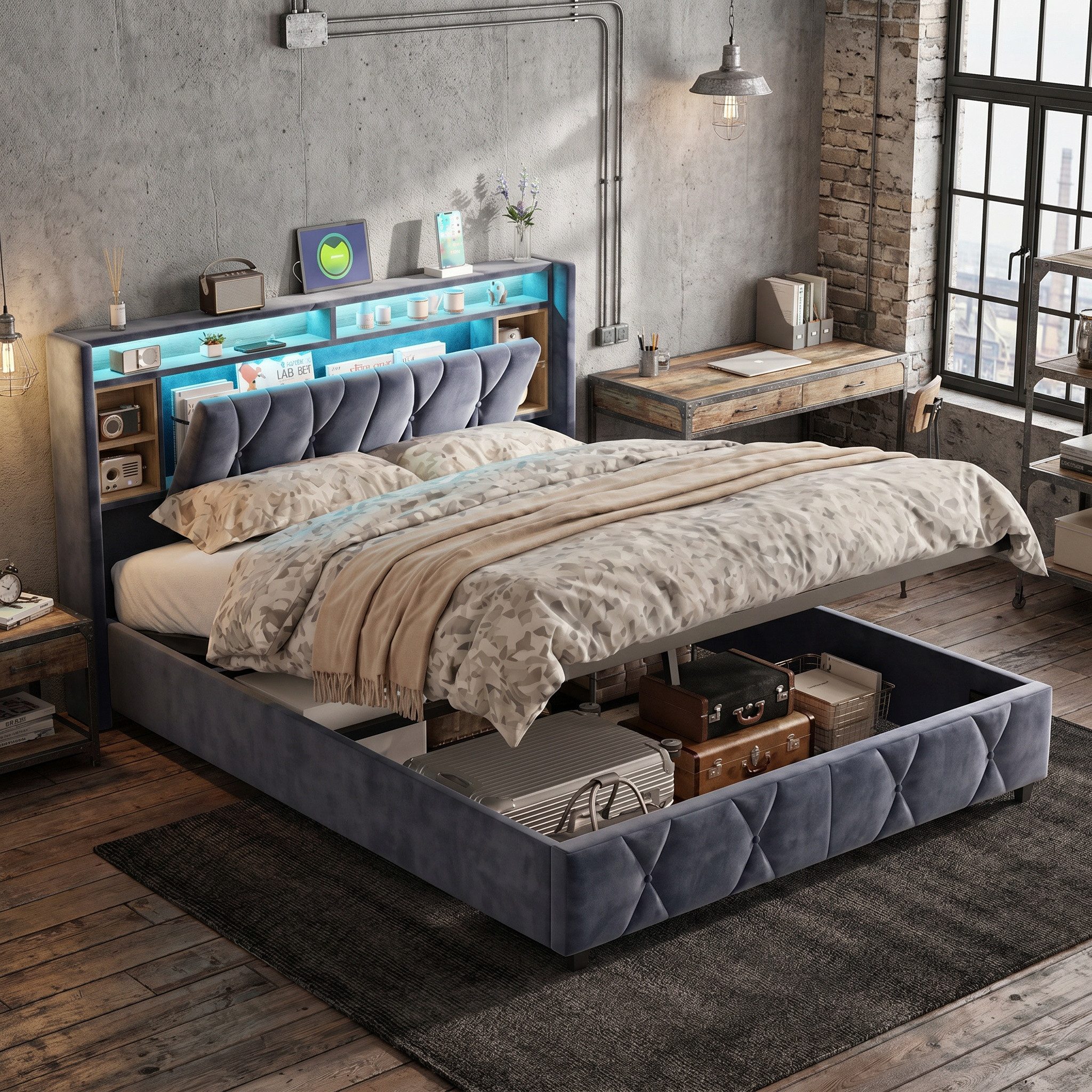 Polsterbett LED Doppelbett Stauraumbett 160x200 mit Bettkasten