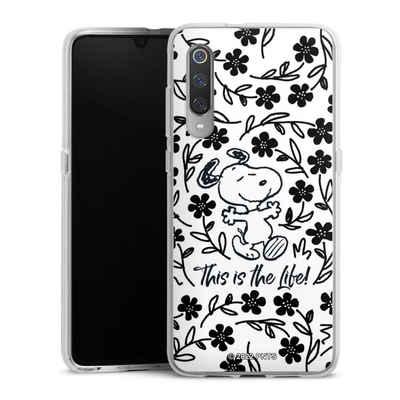 DeinDesign Handyhülle Peanuts Blumen Snoopy Snoopy Black and White This Is The Life, Xiaomi Mi 9 Silikon Hülle Bumper Case Handy Schutzhülle