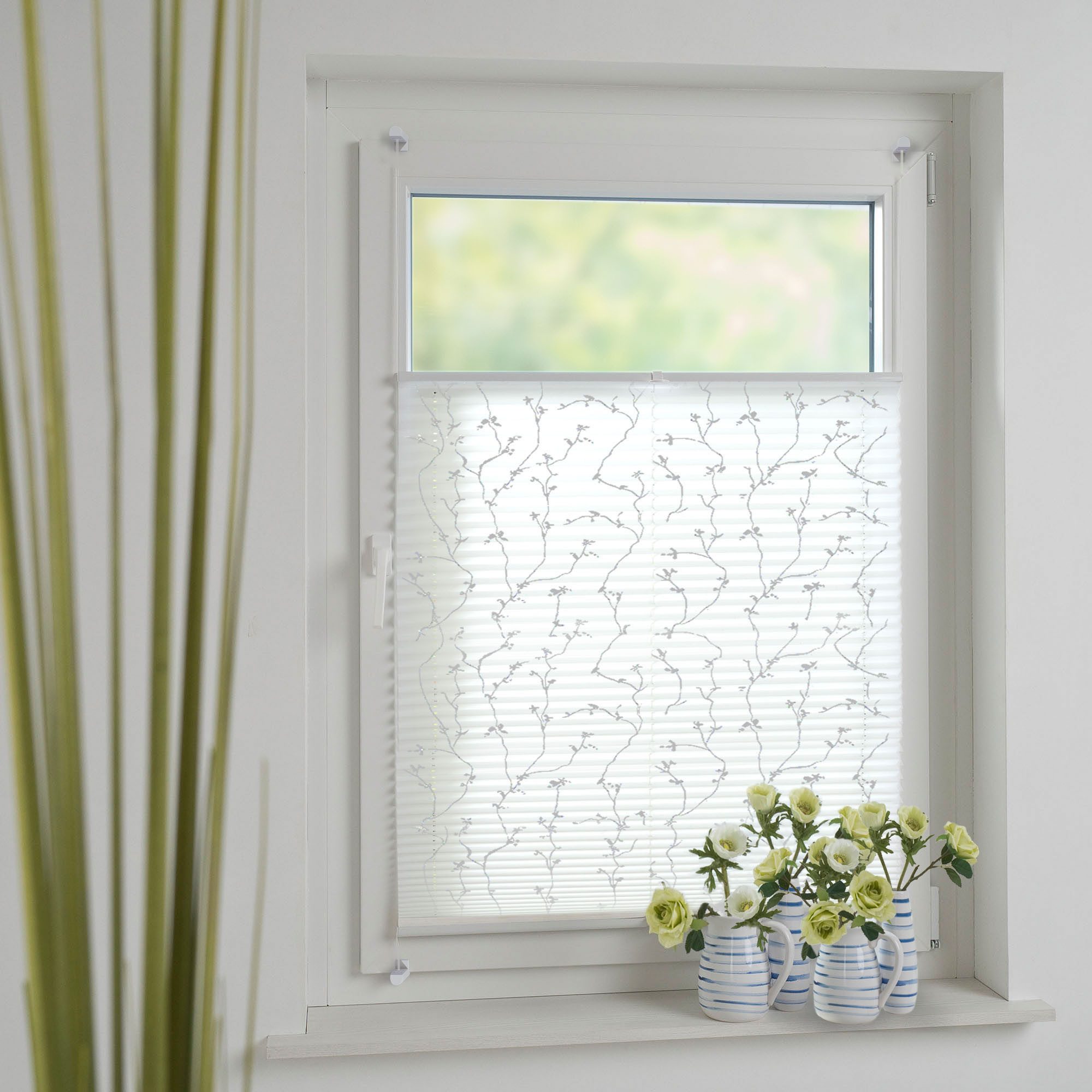 HOMBERA Plissee mit Blumenmotiv, Lichtschutz, ohne Bohren oder Schrauben, verspannt, Klemmfix-Montage, blickdicht, dekorativ