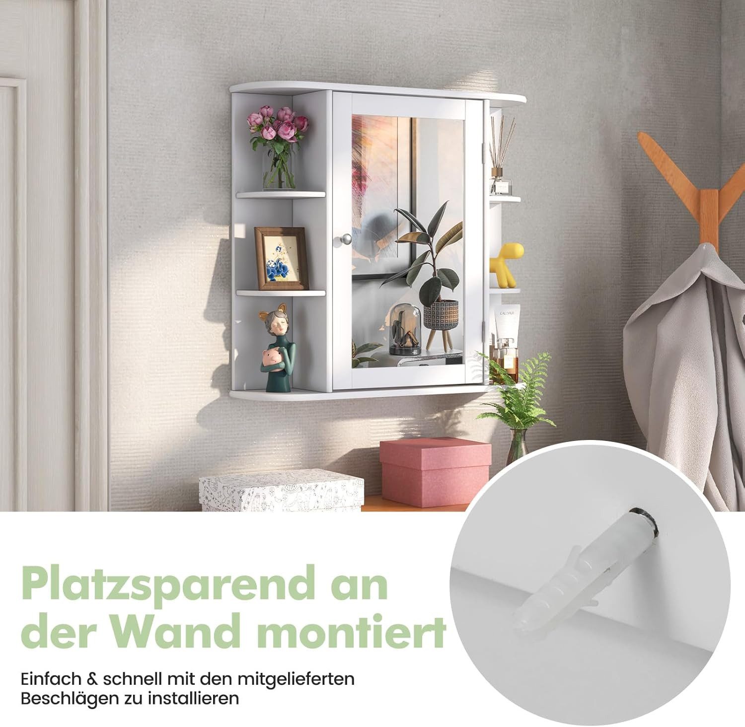 KOMFOTTEU Spiegelschrank Badschrank Hängeschrank Wandschrank mit Ablagen, 66 x 17 x 63 cm – Bild 5 von 5