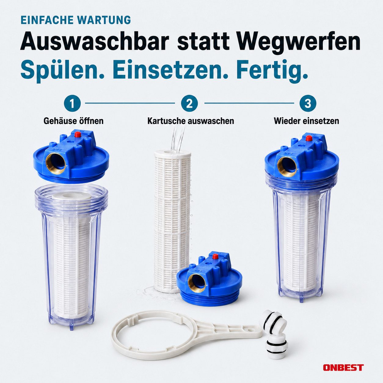 Onbest Wasserfilter WF-6055 1 Zoll 6000 l/h 5,5bar, inklusive Filterschlüssel, 10 x 31 cm – Bild 5 von 5