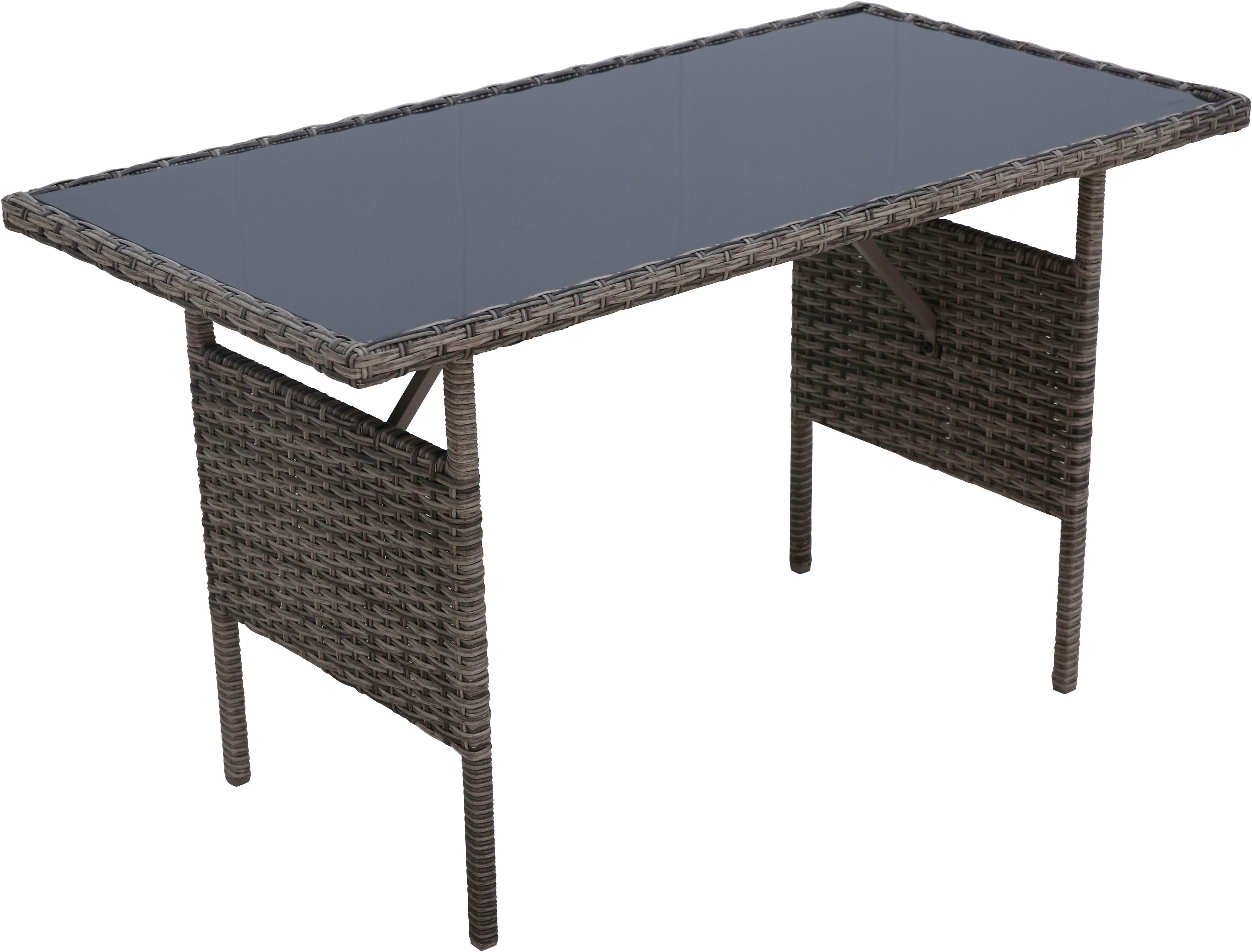 KONIFERA Gartenlounge-Set Balkonset »Ronda«, (Set, 7-tlg., 1x2er Sofa, 2 Sessel, Tisch 56x110x65 cm, inkl. Auflagen), Stahl/Polyrattan